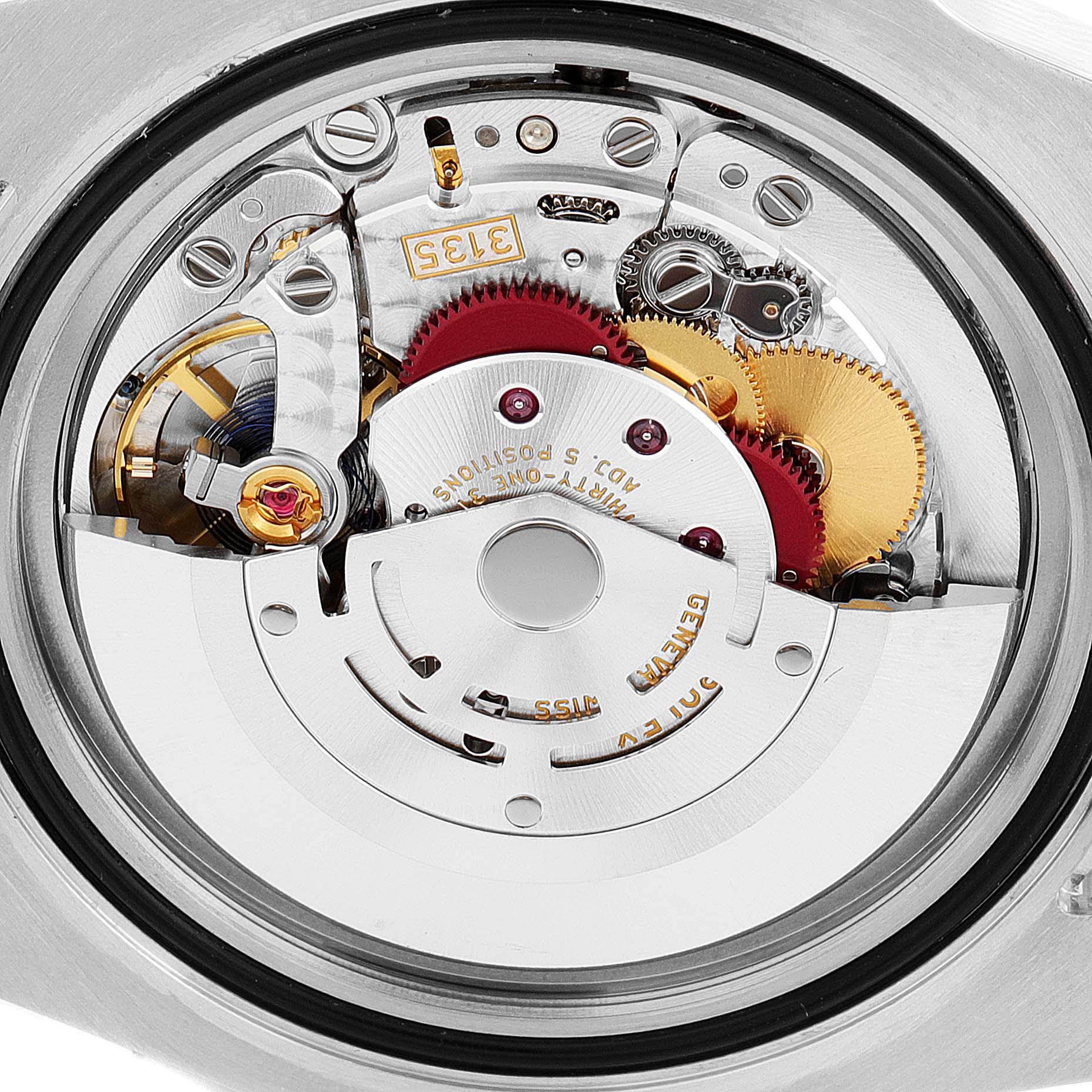 This image shows a close-up, top-down view of the movement inside a Rolex Submariner 116613 Men's Steel and Gold (two tone) Blue Dial 116613 Men's Steel and Gold (two tone) Blue Dial watch.