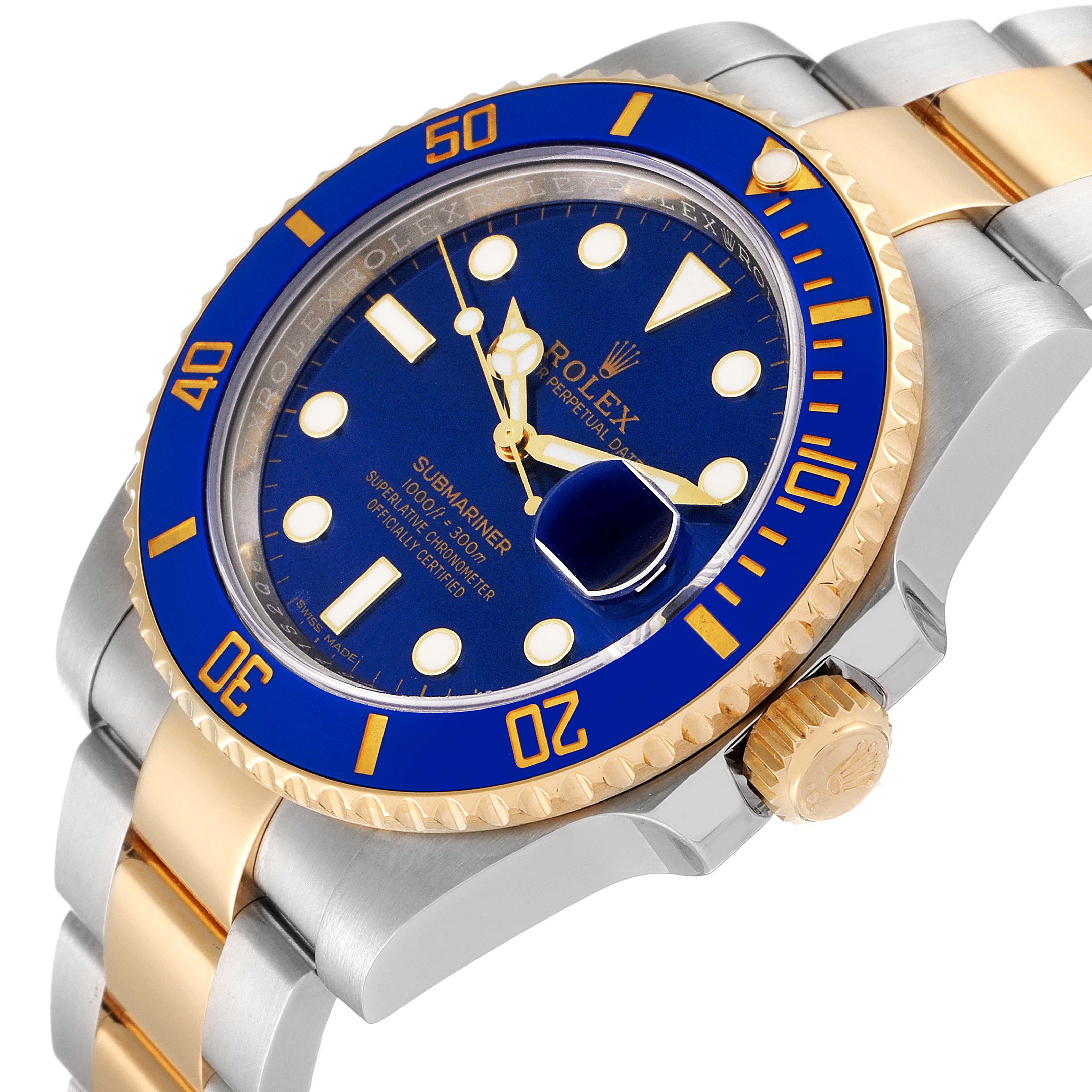 This image shows a close-up of a Rolex Submariner 116613 Men's Steel and Gold (two tone) Blue Dial 116613 Men's Steel and Gold (two tone) Blue Dial watch, highlighting the blue dial, bezel, gold accents, and bracelet.