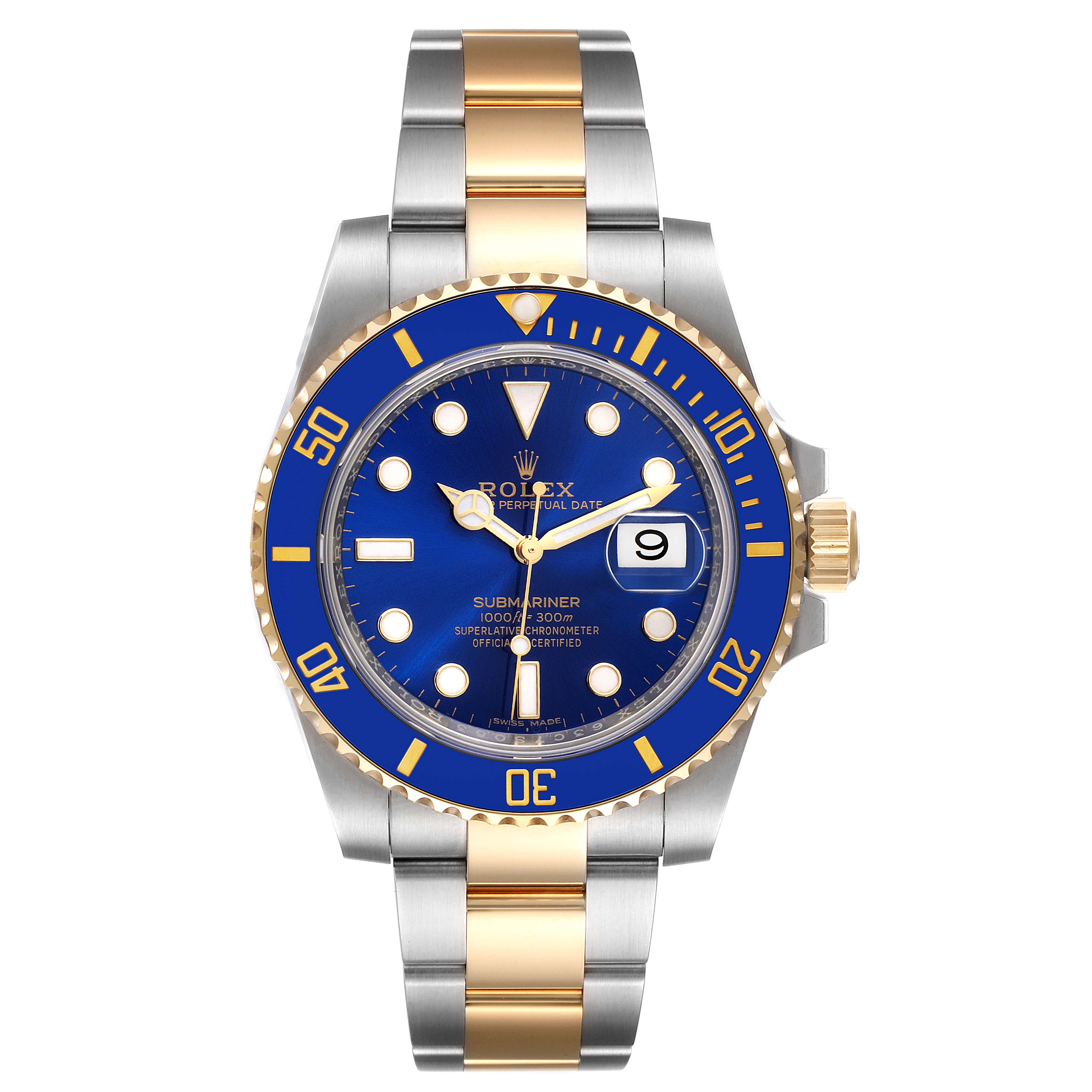 The image shows a frontal view of a Rolex Submariner 116613 Men's Steel and Gold (two tone) Blue Dial 116613 Men's Steel and Gold (two tone) Blue Dial watch, highlighting its blue dial, bezel, and two-tone metallic bracelet.