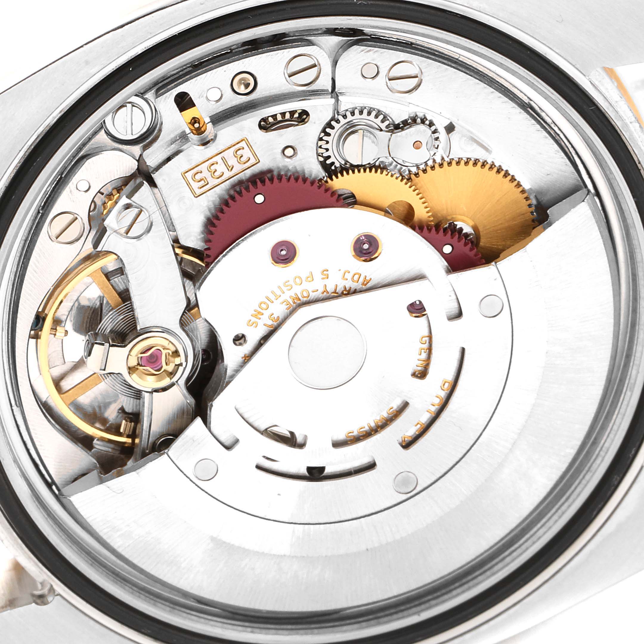 The image shows the internal mechanism of the Rolex Turn-o-Graph 116261 Men's Steel and Gold (two tone) White Dial 116261 Men's Steel and Gold (two tone) White Dial model watch viewed from the back.
