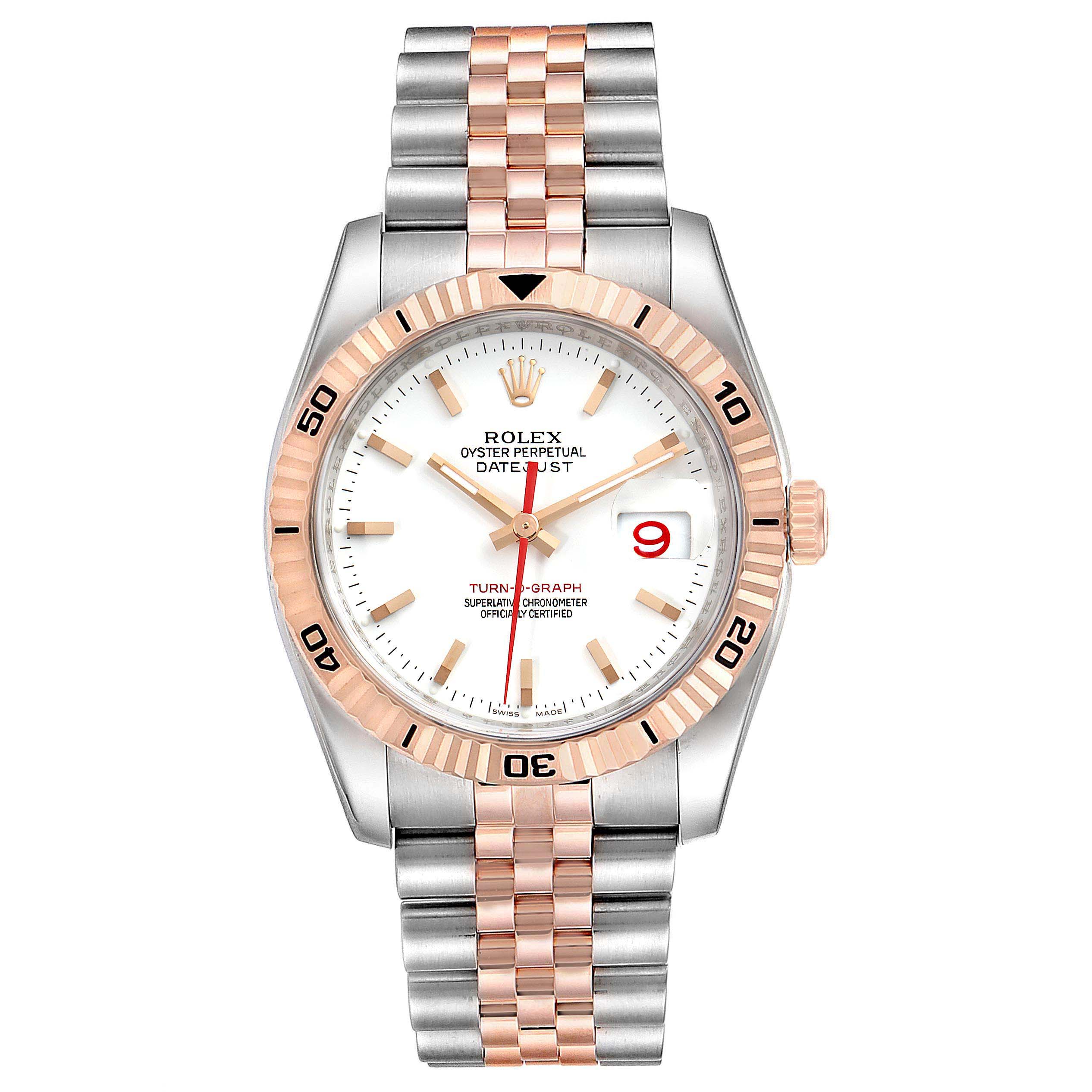 The Rolex Turn-o-Graph 116261 Men's Steel and Gold (two tone) White Dial 116261 Men's Steel and Gold (two tone) White Dial model watch is shown from the front, displaying its dial, bezel, and two-tone bracelet.