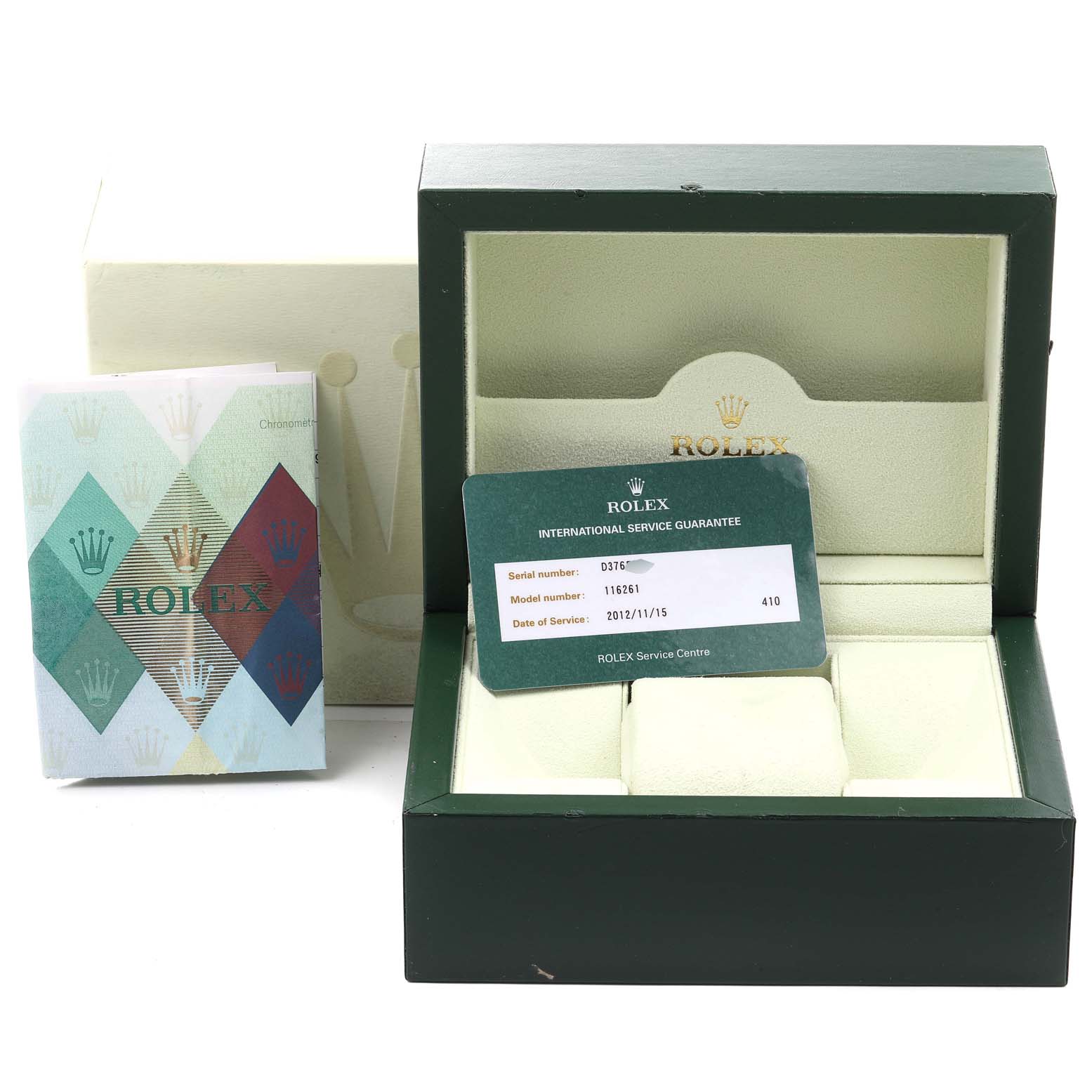 The image shows the packaging, booklet, and service guarantee card for a Rolex Turn-o-Graph 116261 Men's Steel and Gold (two tone) White Dial 116261 Men's Steel and Gold (two tone) White Dial model watch.