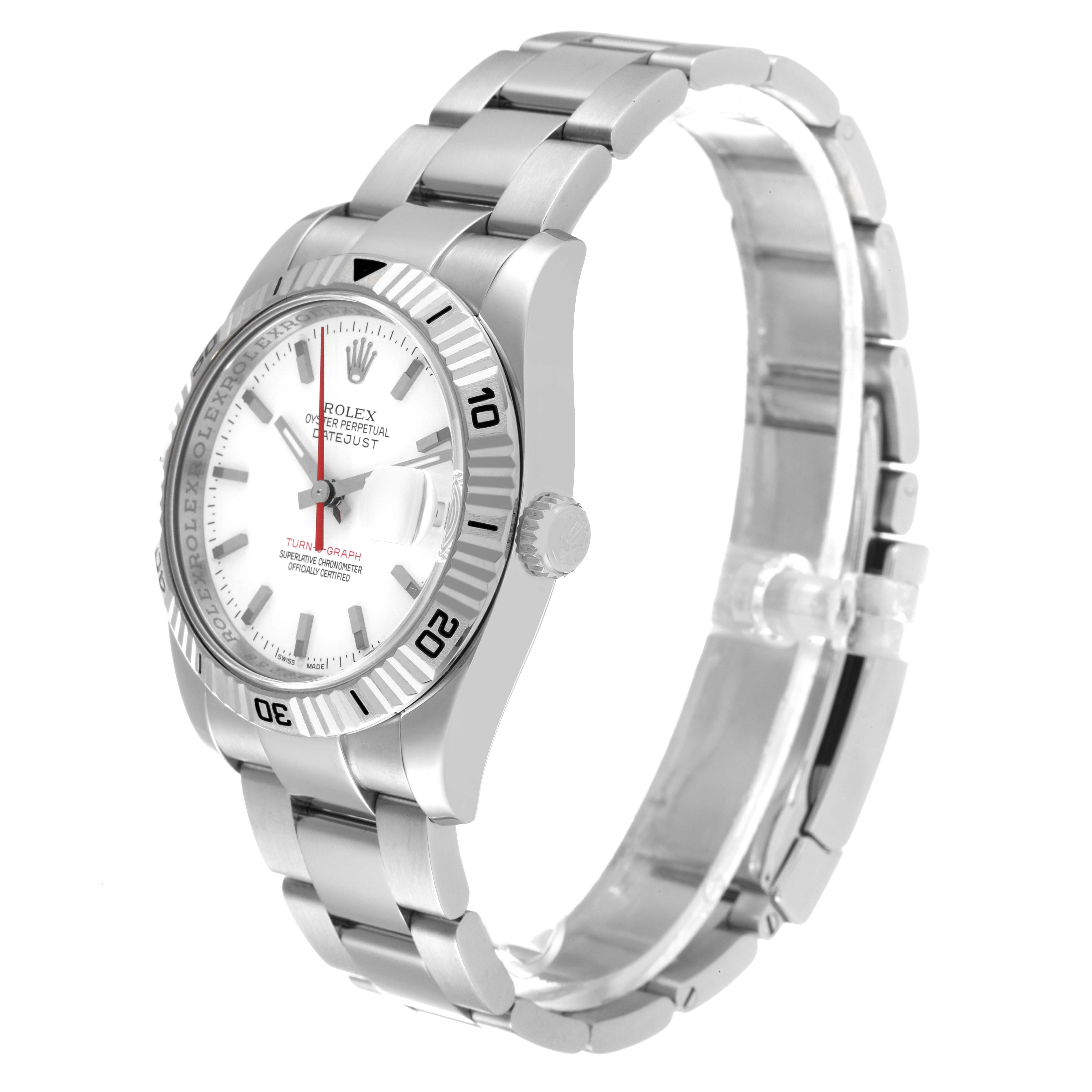 The image shows a side angle of a Rolex Turn-o-Graph 116264 Men
s Stainless Steel White Dial 116264 Men
s Stainless Steel White Dial watch, highlighting the face, bezel, crown, and bracelet.