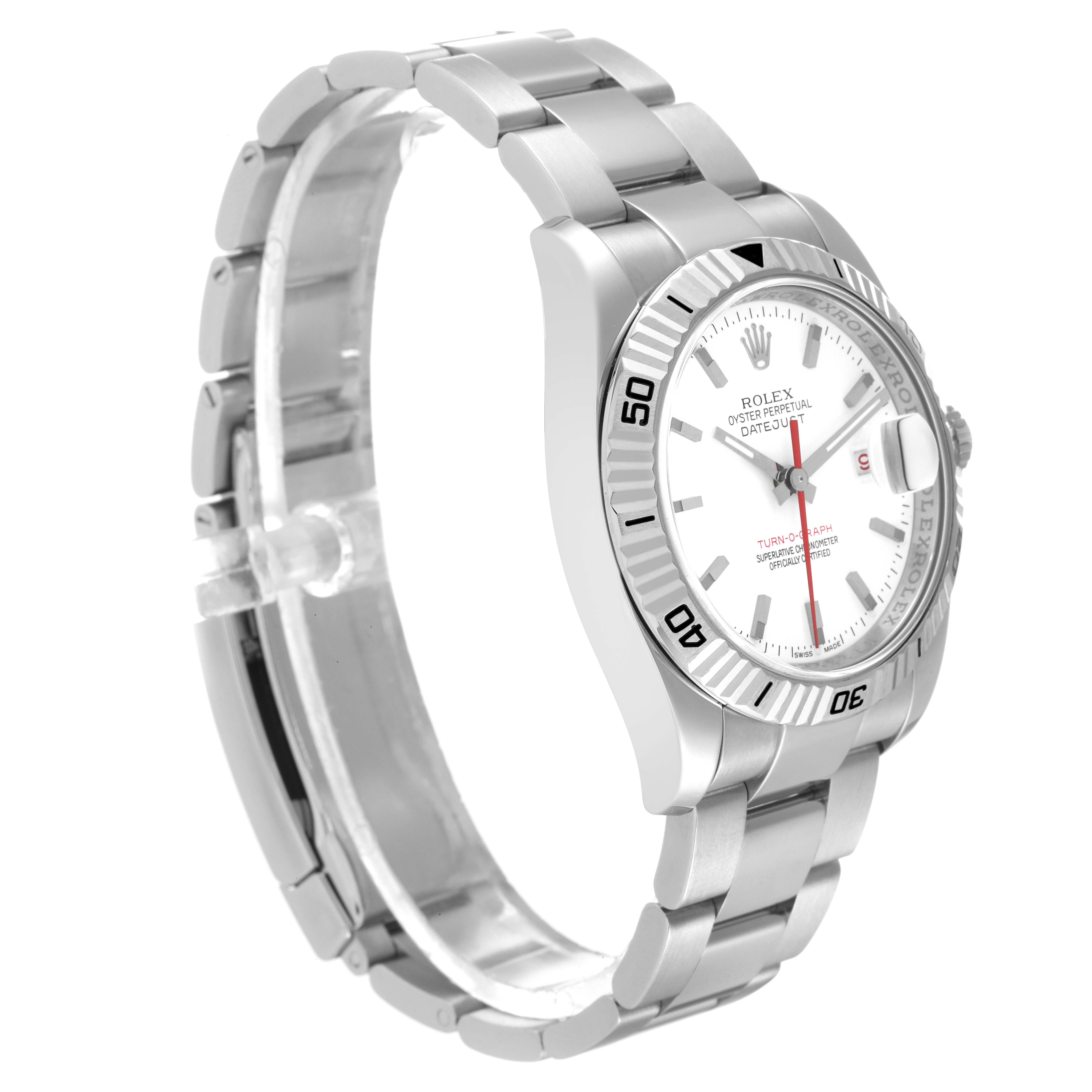 The image shows a Rolex Turn-o-Graph 116264 Men
s Stainless Steel White Dial 116264 Men
s Stainless Steel White Dial watch from a side angle, highlighting the dial, bezel, case, and bracelet.