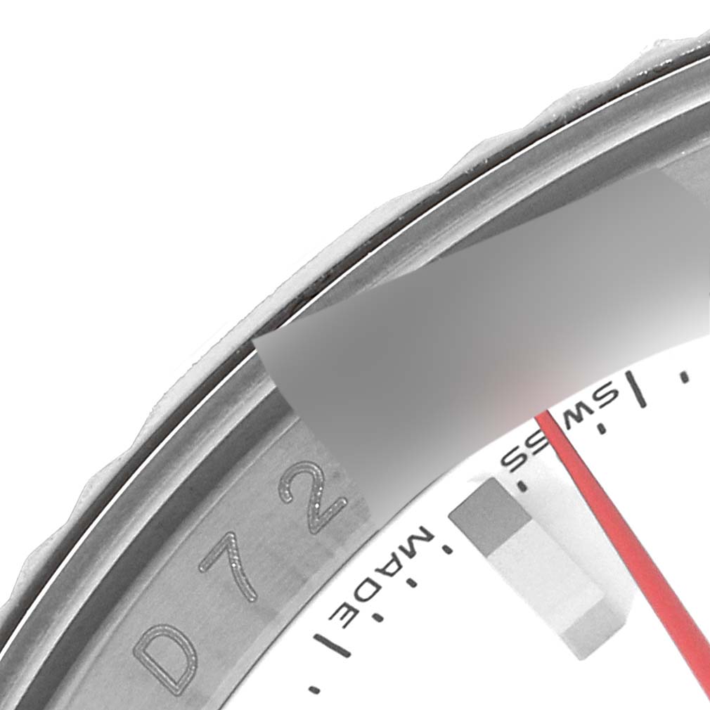 The image shows a close-up angle of the bezel, part of the dial, and a section of the engraving on a Rolex Turn-o-Graph 116264 Men
s Stainless Steel White Dial 116264 Men
s Stainless Steel White Dial watch.