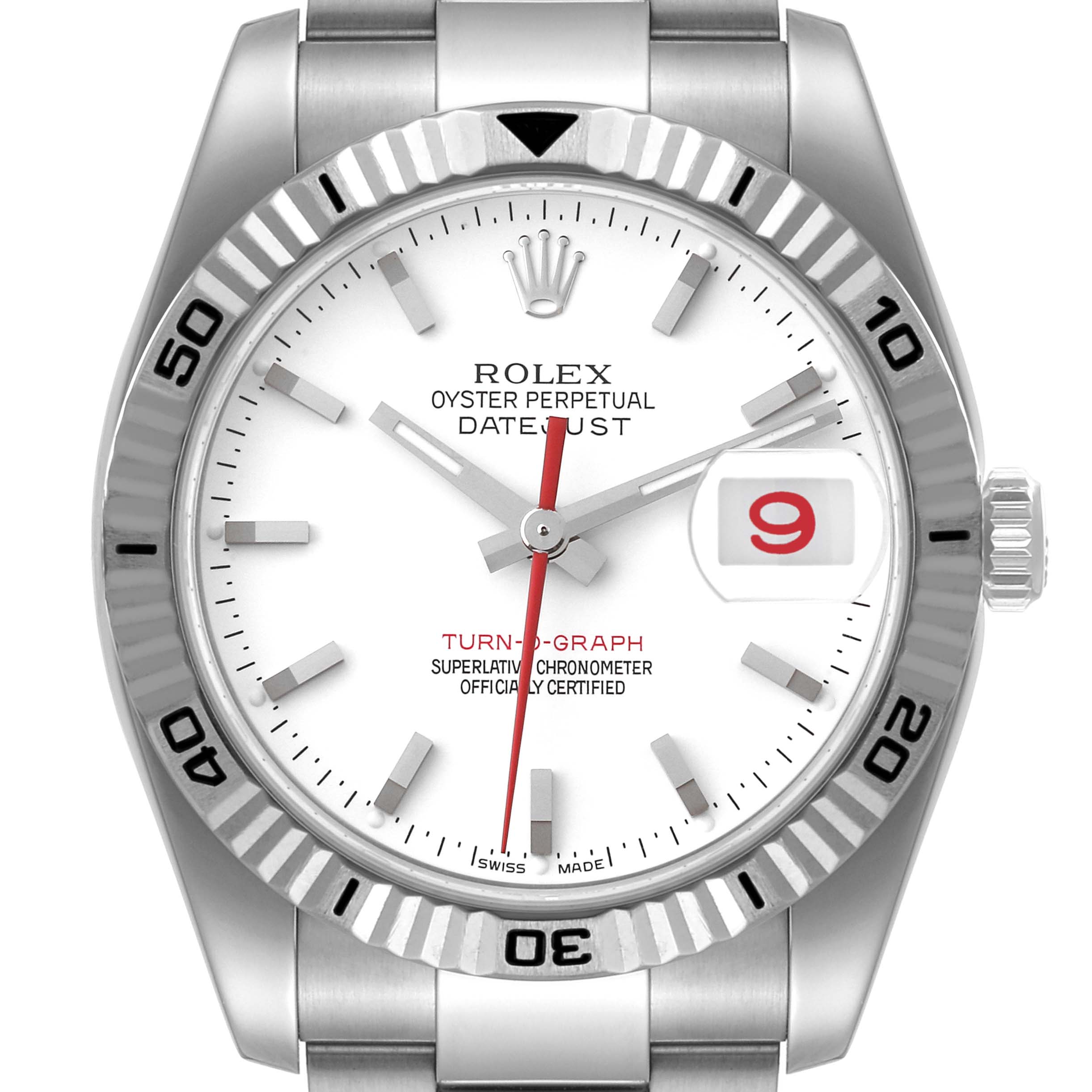 The image shows a front view of a Rolex Turn-o-Graph 116264 Men
s Stainless Steel White Dial 116264 Men
s Stainless Steel White Dial watch displaying its face, bezel, and bracelet top link.