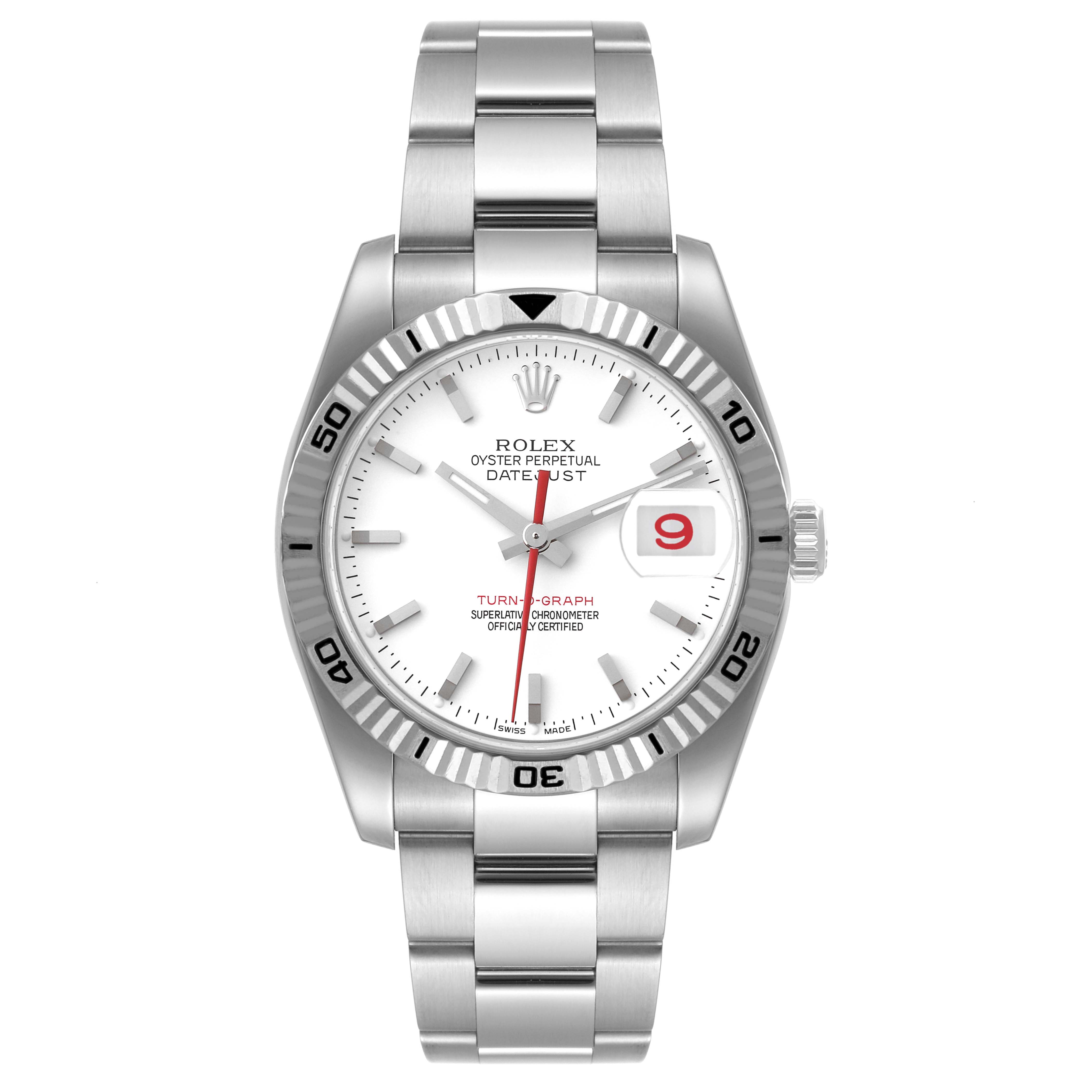 The image shows a frontal view of a Rolex Turn-o-Graph 116264 Men
s Stainless Steel White Dial 116264 Men
s Stainless Steel White Dial watch, including the bezel, face, bracelet, and crown.