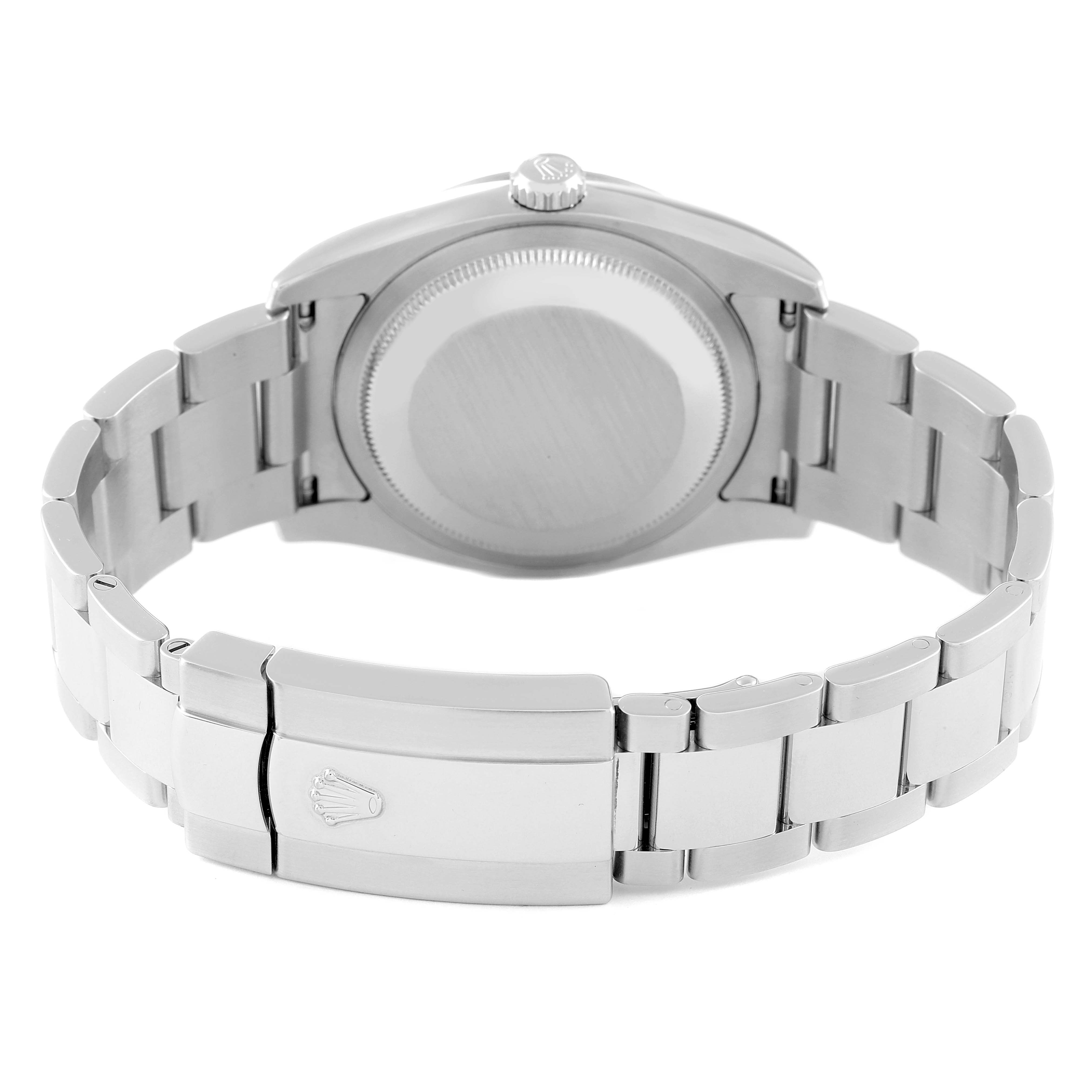 This image shows the back view of the Rolex Turn-o-Graph 116264 Men
s Stainless Steel White Dial 116264 Men
s Stainless Steel White Dial watch, highlighting its case back, crown, and bracelet with a clasp.