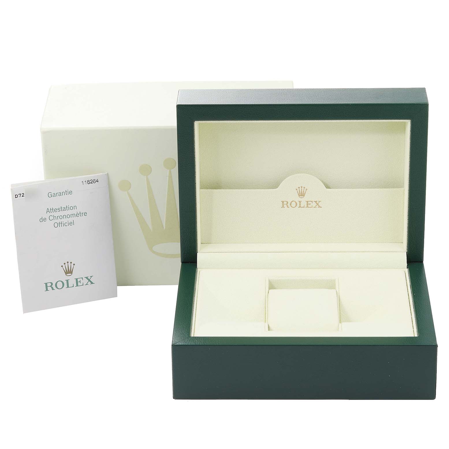 The image shows the box and papers for a Rolex Turn-o-Graph 116264 Men
s Stainless Steel White Dial 116264 Men
s Stainless Steel White Dial model, including the open watch box and warranty booklet.