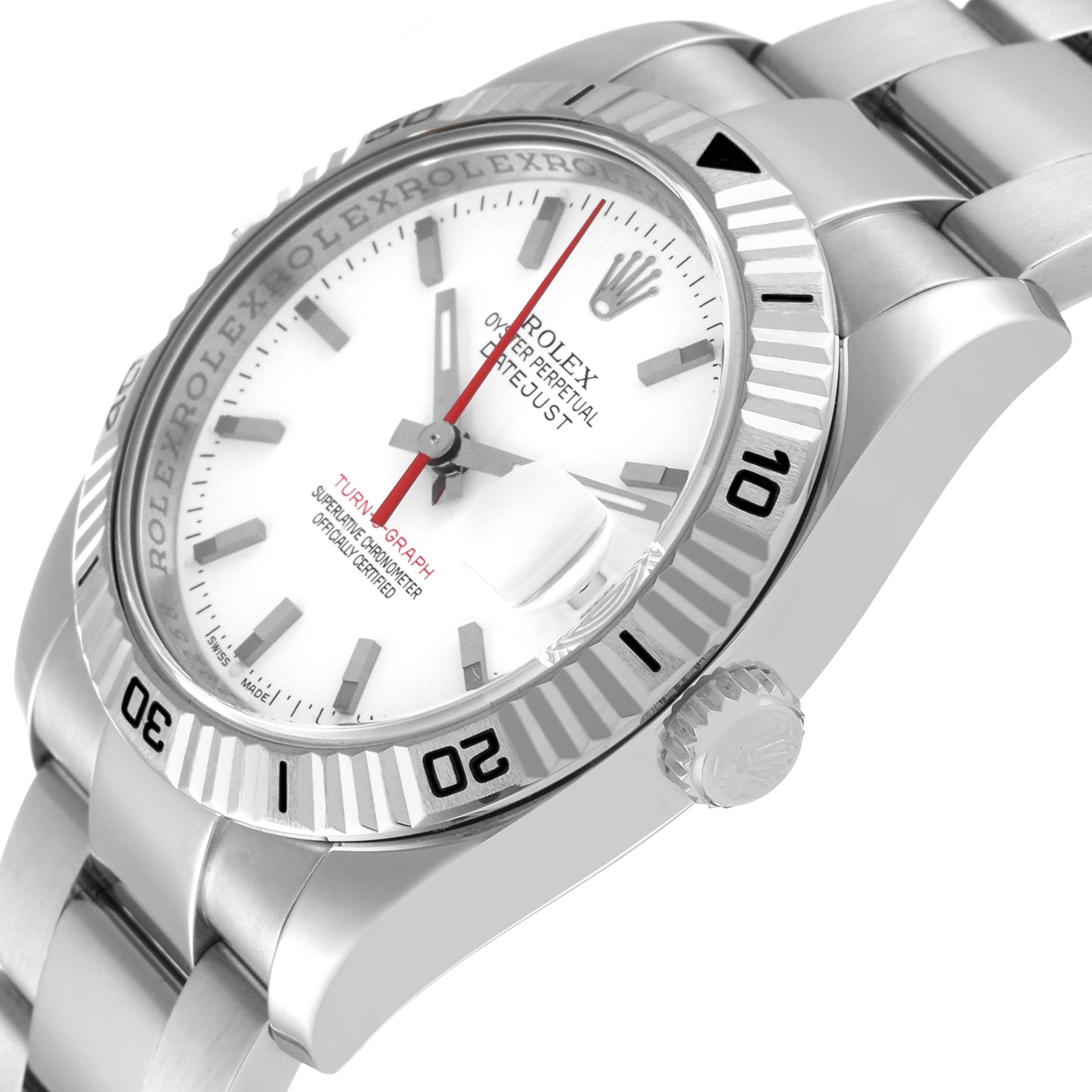 The image shows a side and partial top view of the Rolex Turn-o-Graph 116264 Men
s Stainless Steel White Dial 116264 Men
s Stainless Steel White Dial watch, highlighting its dial, bezel, and bracelet.