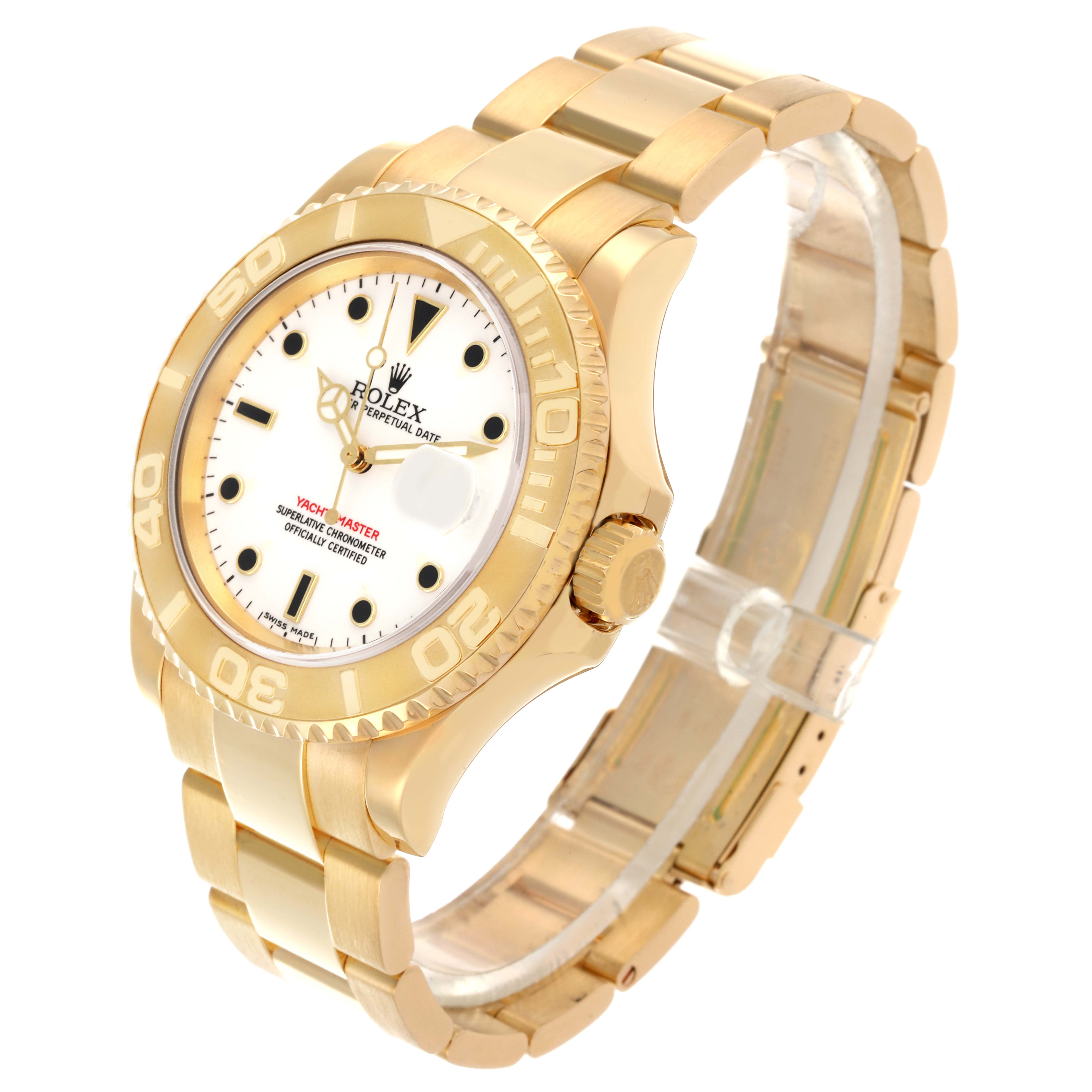 The Rolex Yacht-Master 16628 Men's Yellow Gold White Dial 16628 Men's Yellow Gold White Dial watch is shown at a slight angle, highlighting the gold case, bezel, dial, and bracelet.