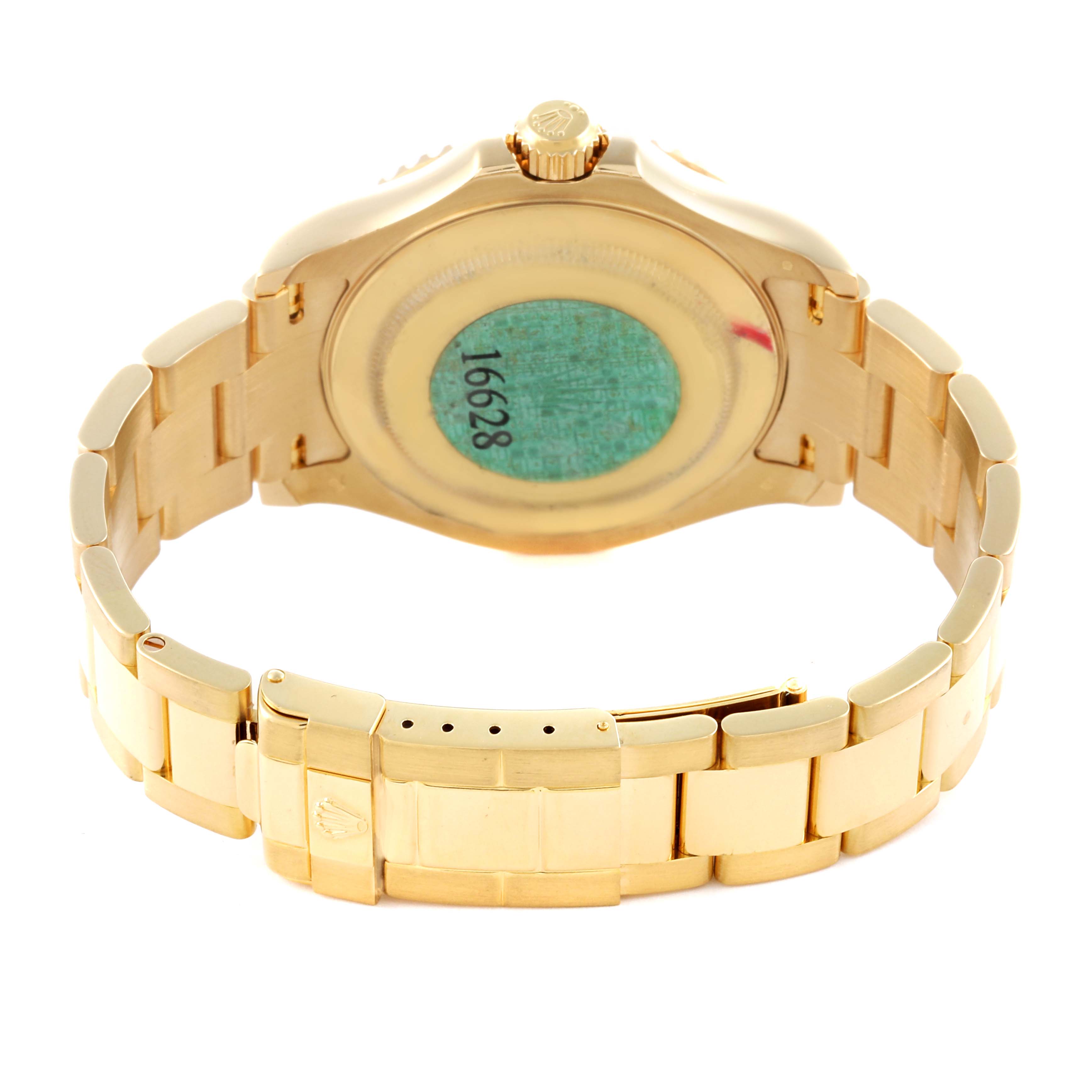 The image shows the back and clasp of a Rolex Yacht-Master 16628 Men's Yellow Gold White Dial 16628 Men's Yellow Gold White Dial watch, viewed from behind.