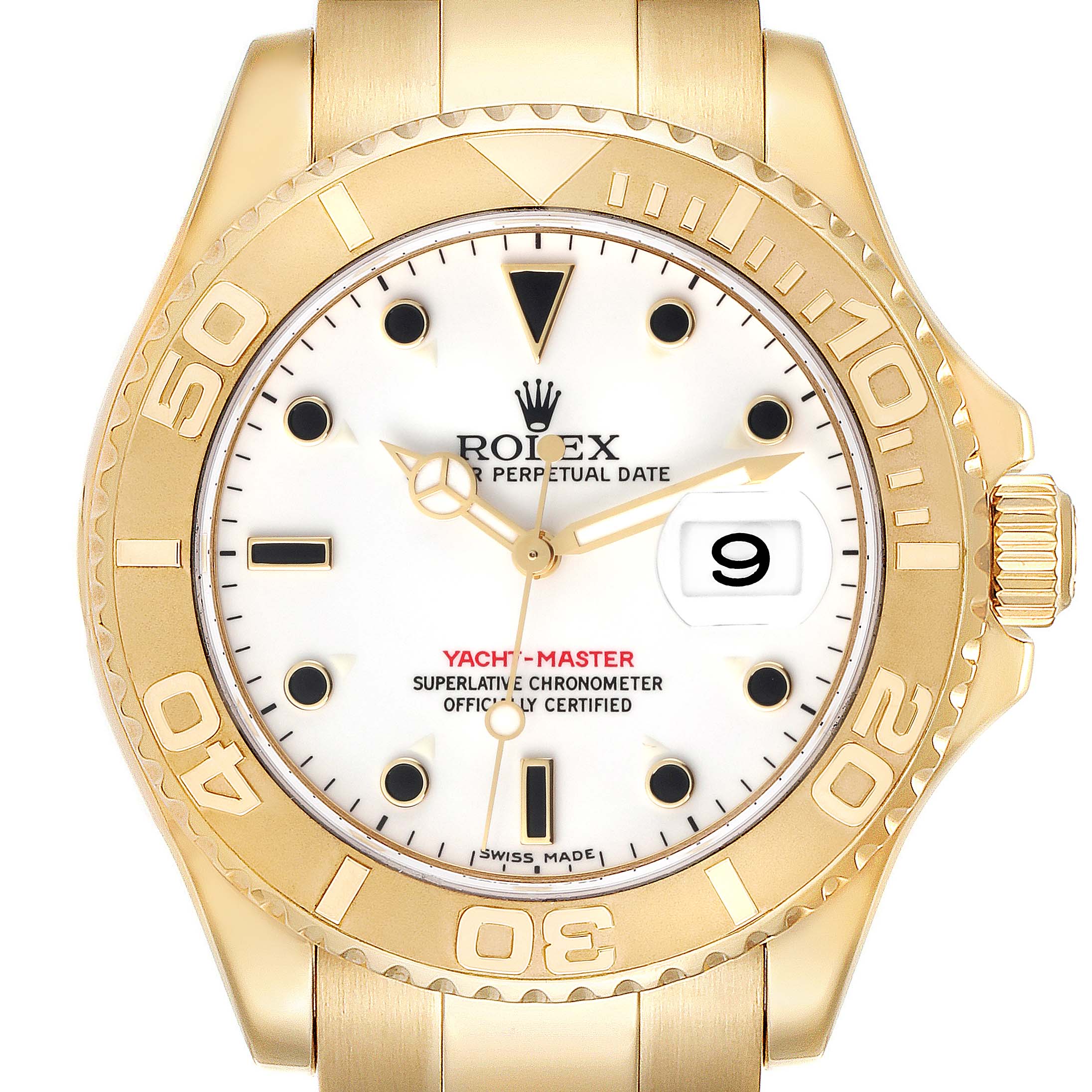 The Rolex Yacht-Master 16628 Men's Yellow Gold White Dial 16628 Men's Yellow Gold White Dial watch is shown from a front angle, detailing the face, bezel, and part of the bracelet.