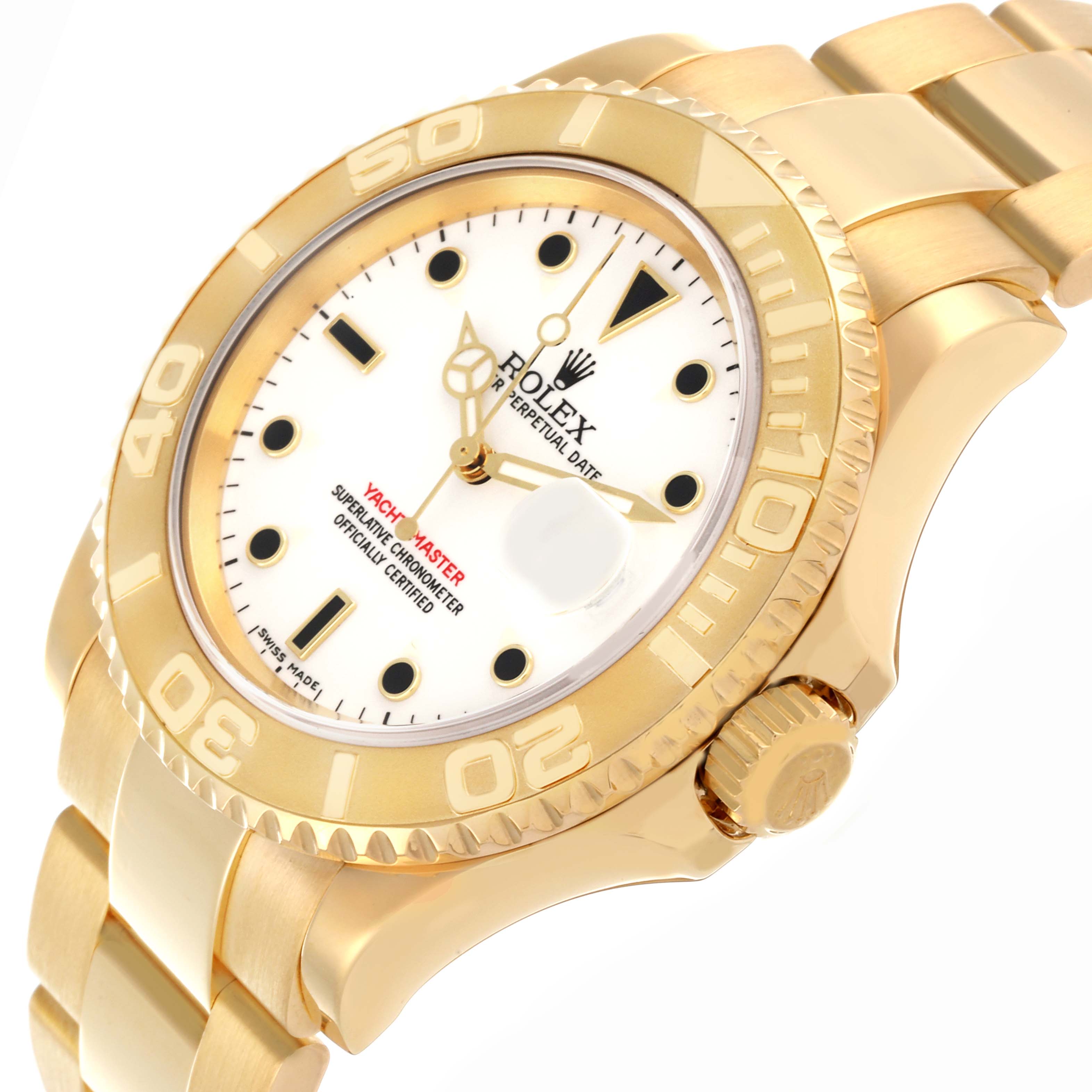 The Rolex Yacht-Master 16628 Men's Yellow Gold White Dial 16628 Men's Yellow Gold White Dial watch is shown from a top-side angle, highlighting the face, bezel, and bracelet.