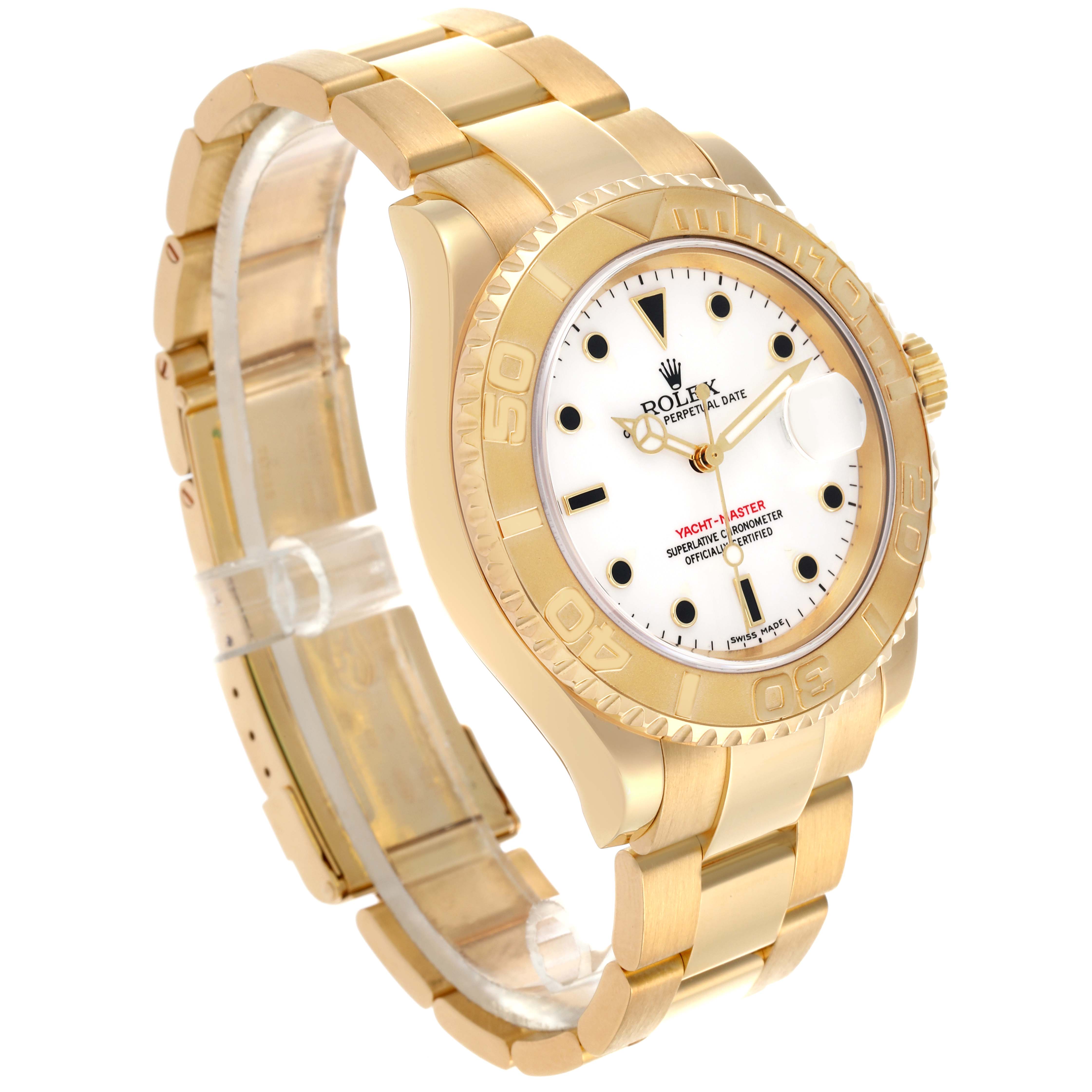 The Rolex Yacht-Master 16628 Men's Yellow Gold White Dial 16628 Men's Yellow Gold White Dial watch is shown at a slight angle, featuring its face, bezel, and part of the bracelet.