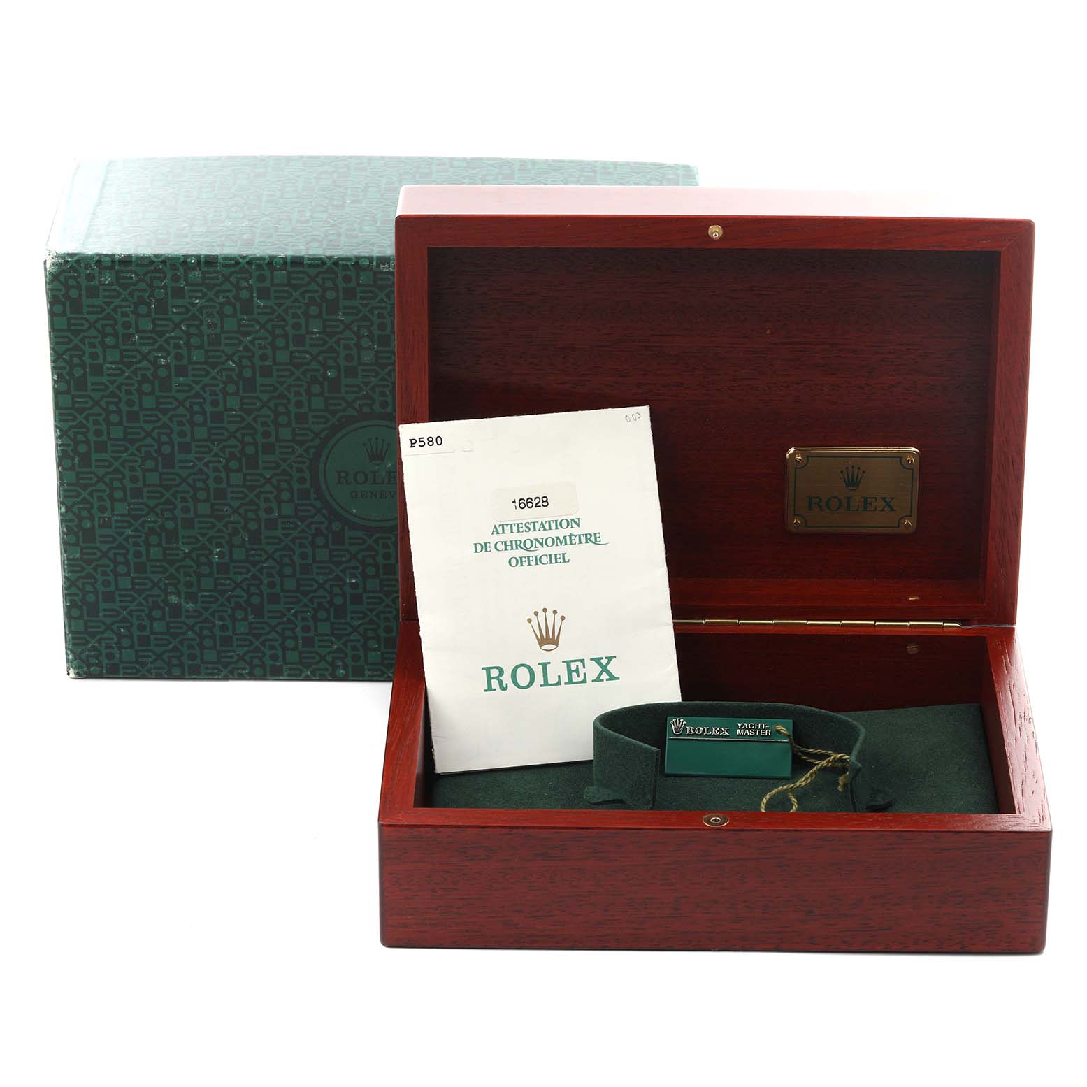 The image shows the Rolex Yacht-Master 16628 Men's Yellow Gold White Dial 16628 Men's Yellow Gold White Dial watch box, warranty card, and packaging materials from a frontal angle.