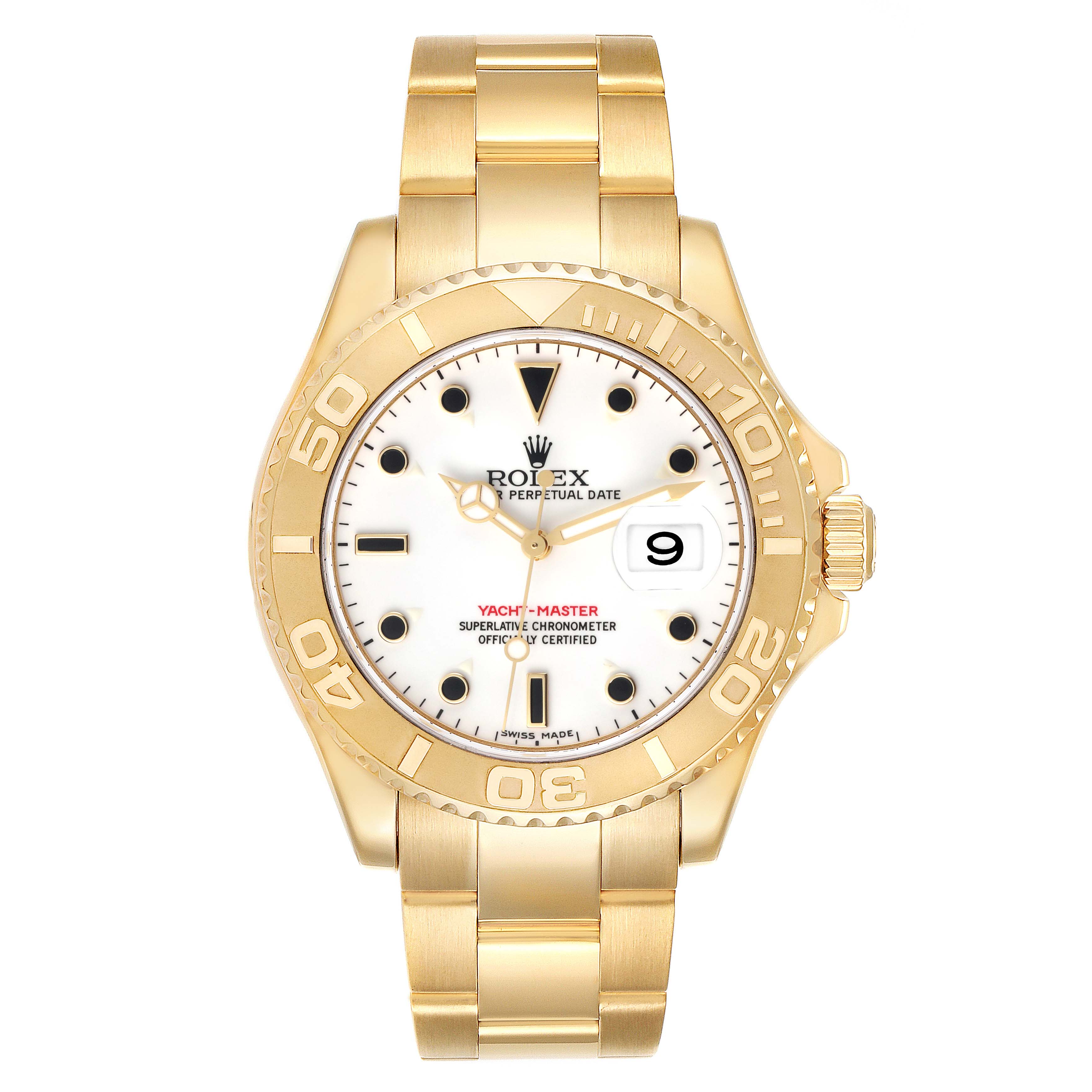 The Rolex Yacht-Master 16628 Men's Yellow Gold White Dial 16628 Men's Yellow Gold White Dial watch is shown from a front view displaying the dial, bezel, and bracelet.