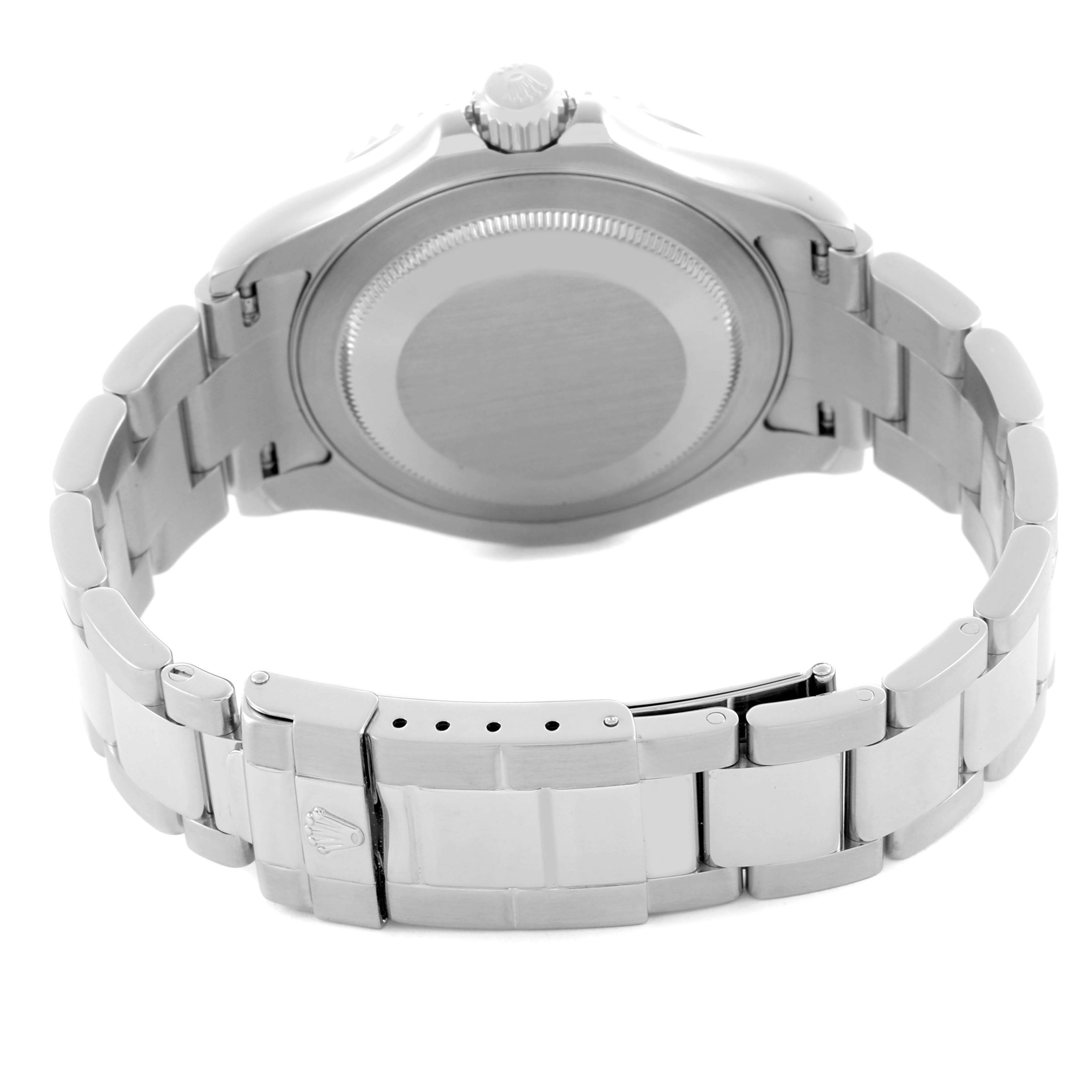 The image shows the back case, crown, and metal bracelet of a Rolex Yacht-Master 16622 Men's Steel and Gold (two tone) Silver Dial 16622 Men's Steel and Gold (two tone) Silver Dial watch.