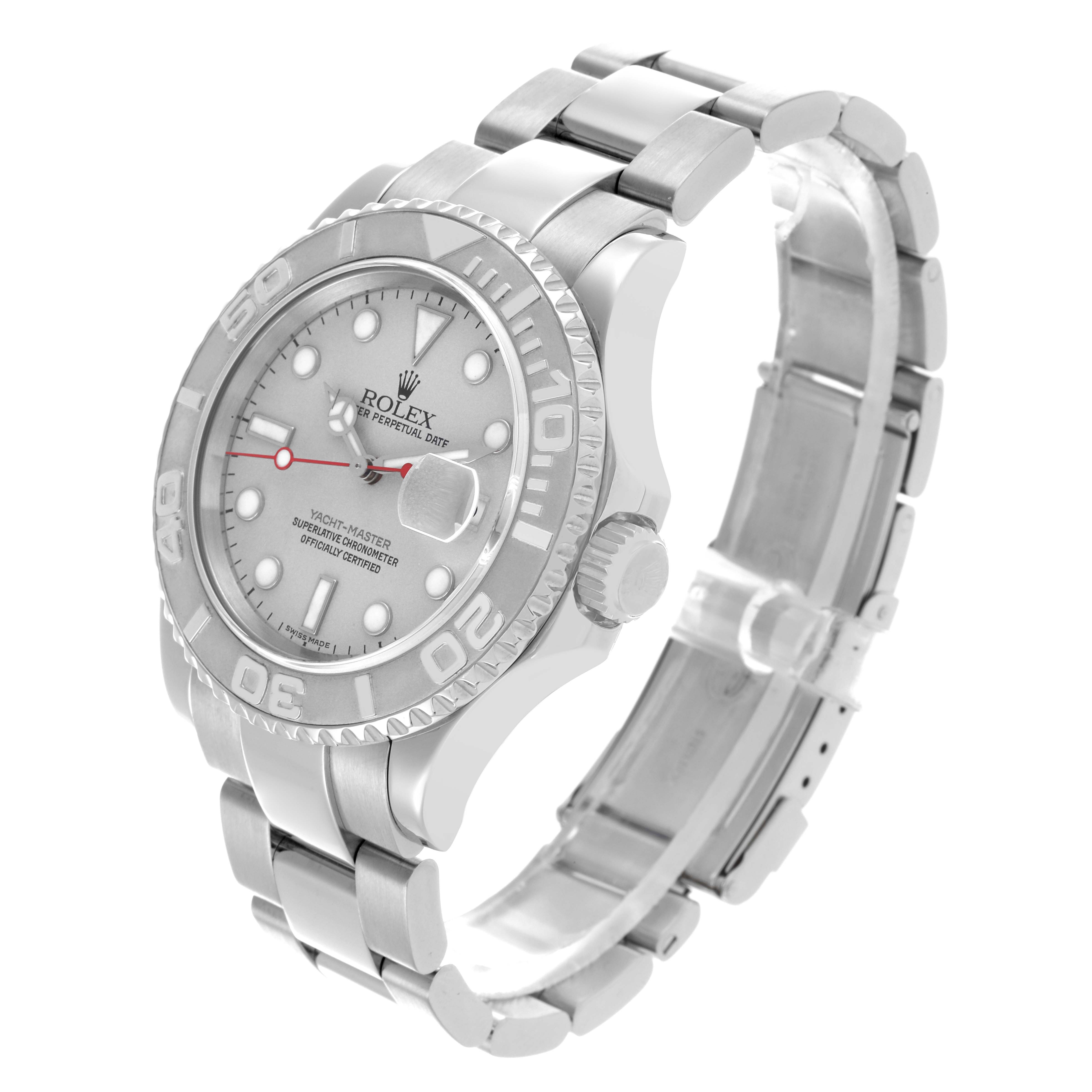 The Rolex Yacht-Master 16622 Men's Steel and Gold (two tone) Silver Dial 16622 Men's Steel and Gold (two tone) Silver Dial watch is shown at an angled side view, highlighting its face, bezel, crown, and bracelet.