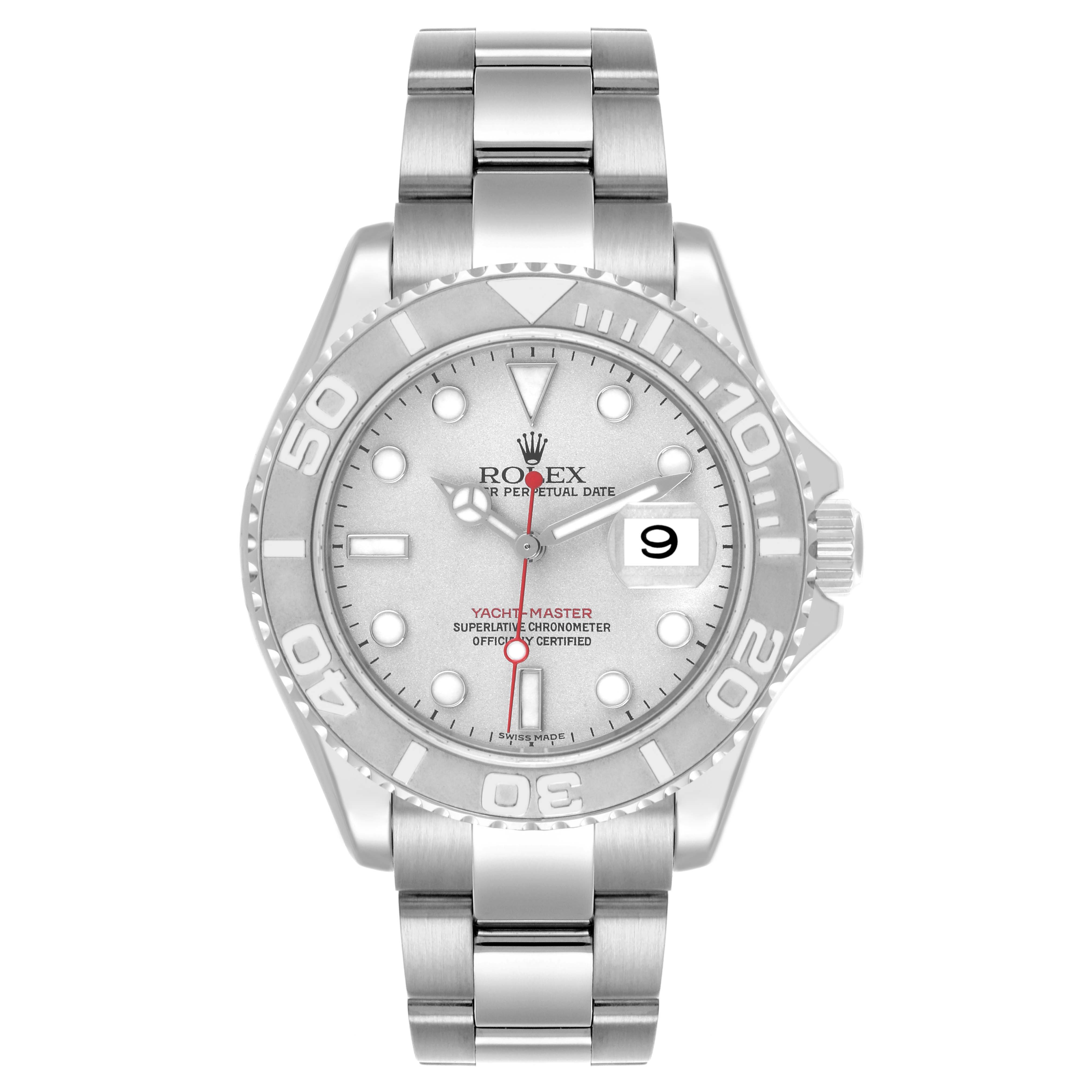 The Rolex Yacht-Master 16622 Men's Steel and Gold (two tone) Silver Dial 16622 Men's Steel and Gold (two tone) Silver Dial watch is shown from a front angle, featuring the dial, bezel, and bracelet in full view.