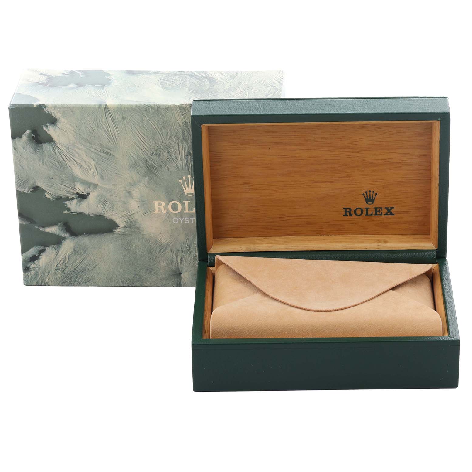 The image shows a Rolex Yacht-Master 16622 Men's Steel and Gold (two tone) Silver Dial 16622 Men's Steel and Gold (two tone) Silver Dial watch box and pouch, with the lid open, highlighting the interior Rolex branding.