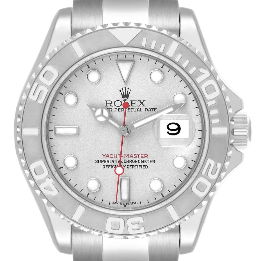 The Rolex Yacht-Master watch is shown from the front, displaying its dial, bezel, and part of the bracelet.