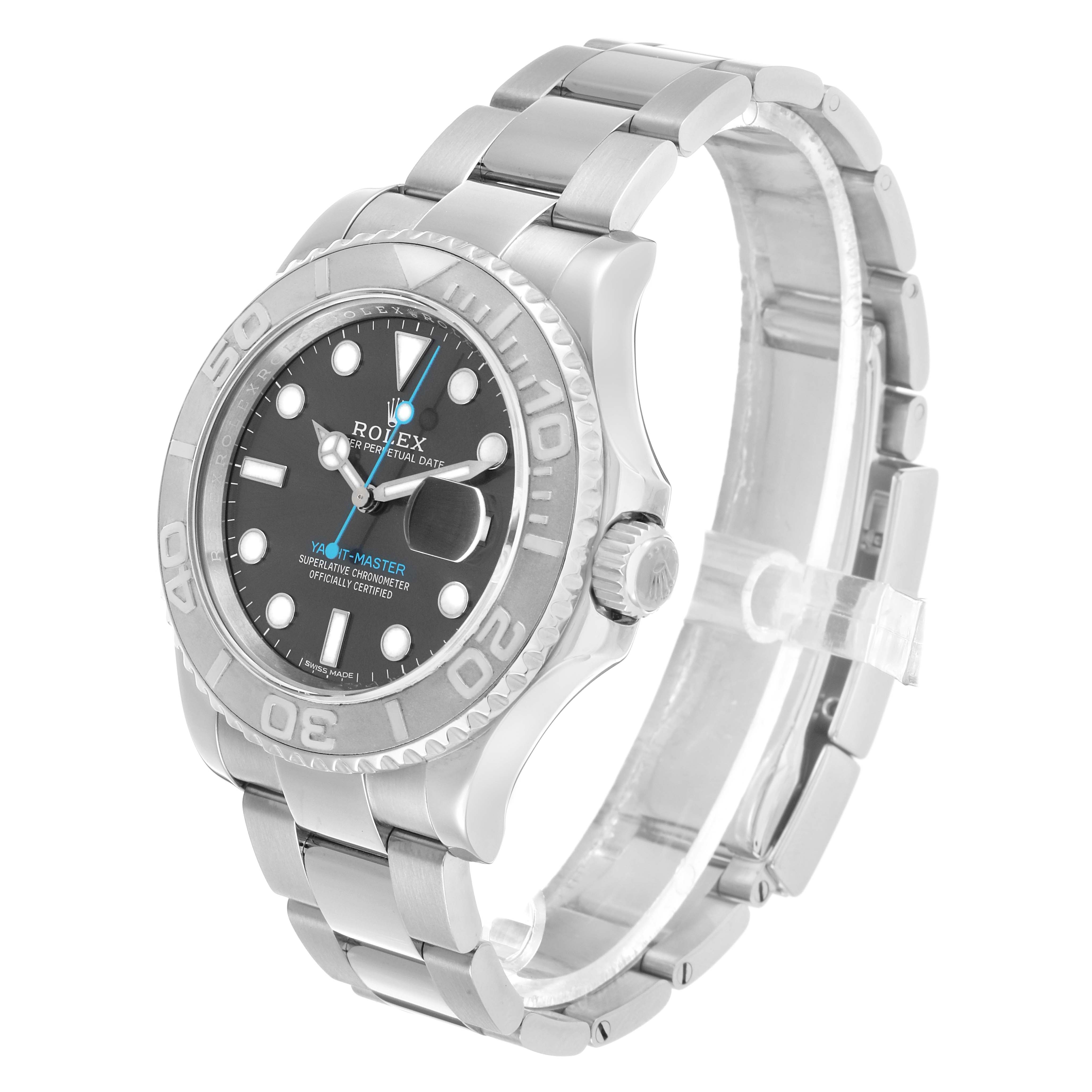 The Rolex Yacht-Master 116622 Men's Stainless Steel Grey Dial watch is shown at a slight angle, highlighting the bezel, face, and metal bracelet.