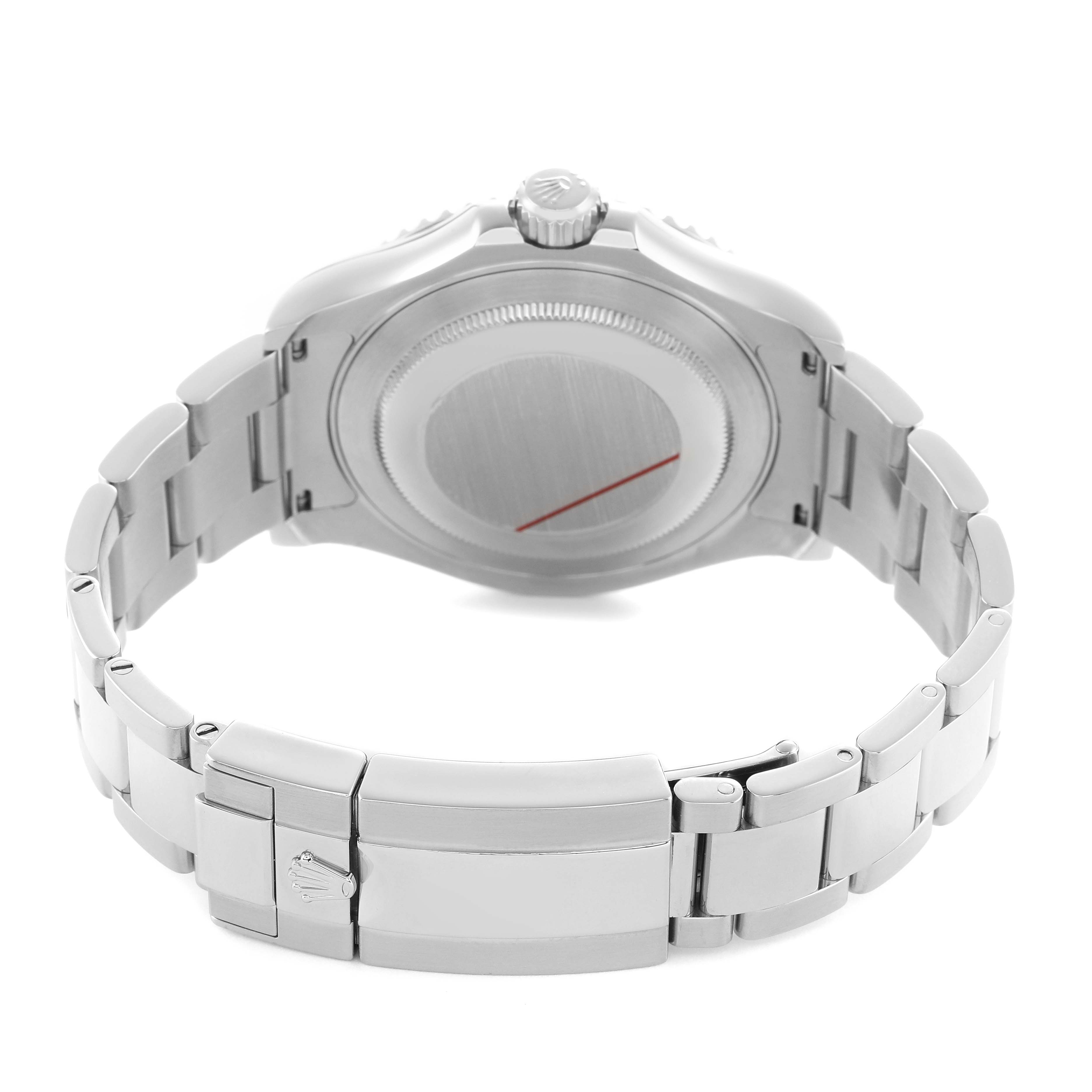 The image shows the back view of a Rolex Yacht-Master 116622 Men's Stainless Steel Grey Dial watch, focusing on the case back and bracelet clasp.