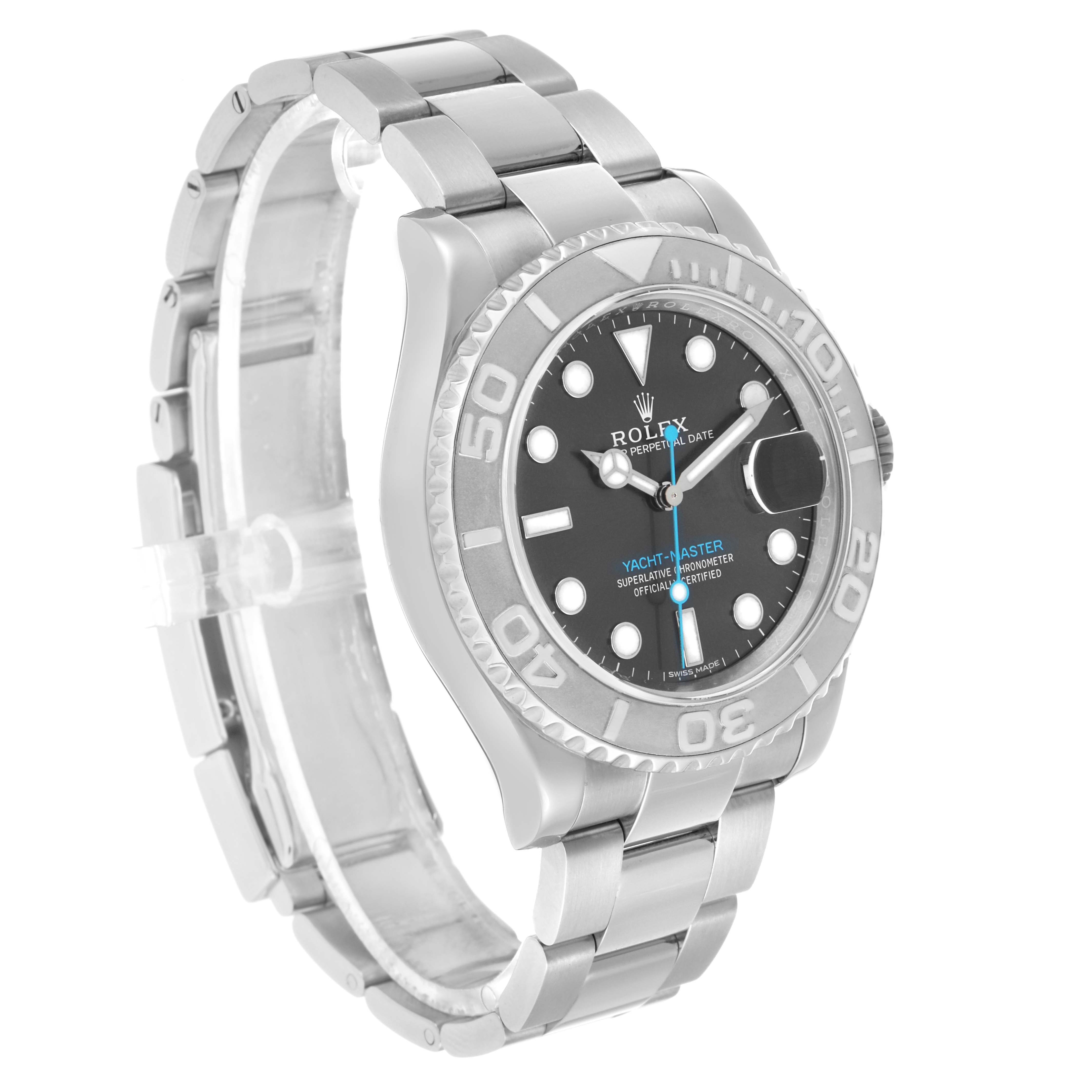 The Rolex Yacht-Master 116622 Men's Stainless Steel Grey Dial watch is shown at a three-quarter angle, displaying the bezel, dial, and bracelet prominently.