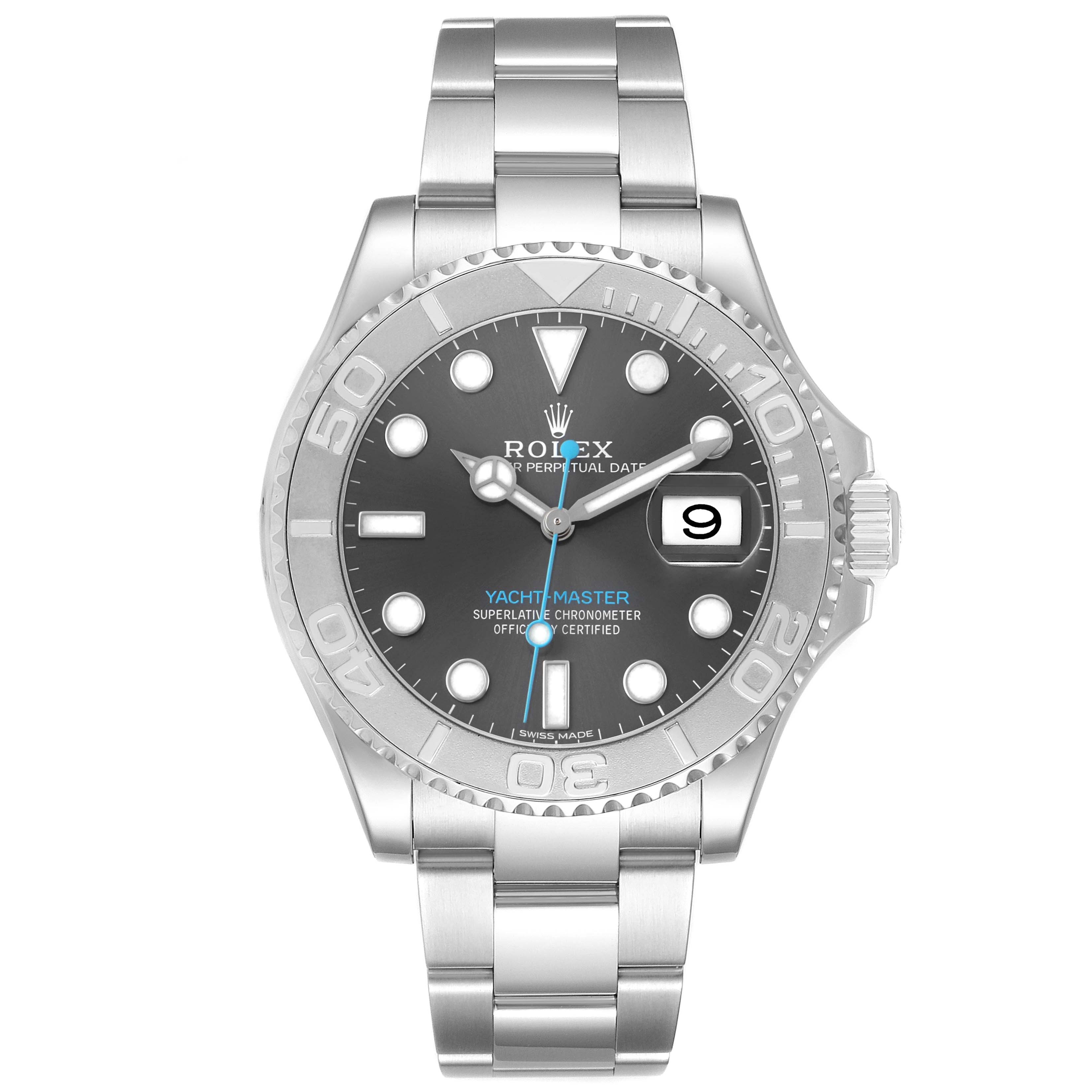 The Rolex Yacht-Master 116622 Men's Stainless Steel Grey Dial watch is shown from a front angle, displaying its dial, bezel, bracelet, and crown.