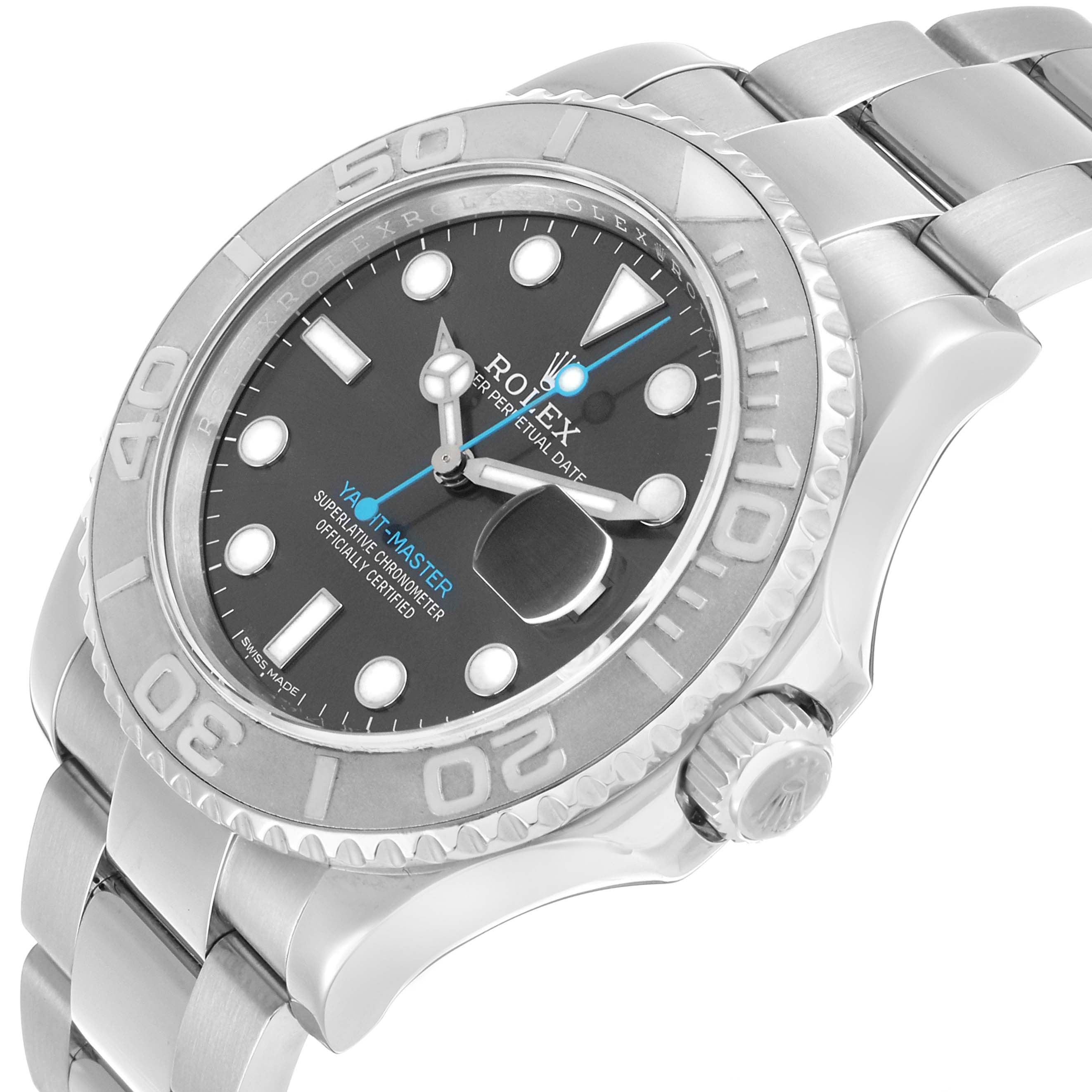 The Rolex Yacht-Master 116622 Men's Stainless Steel Grey Dial watch is shown at a slight angle, displaying the face, bezel, crown, and part of the bracelet.