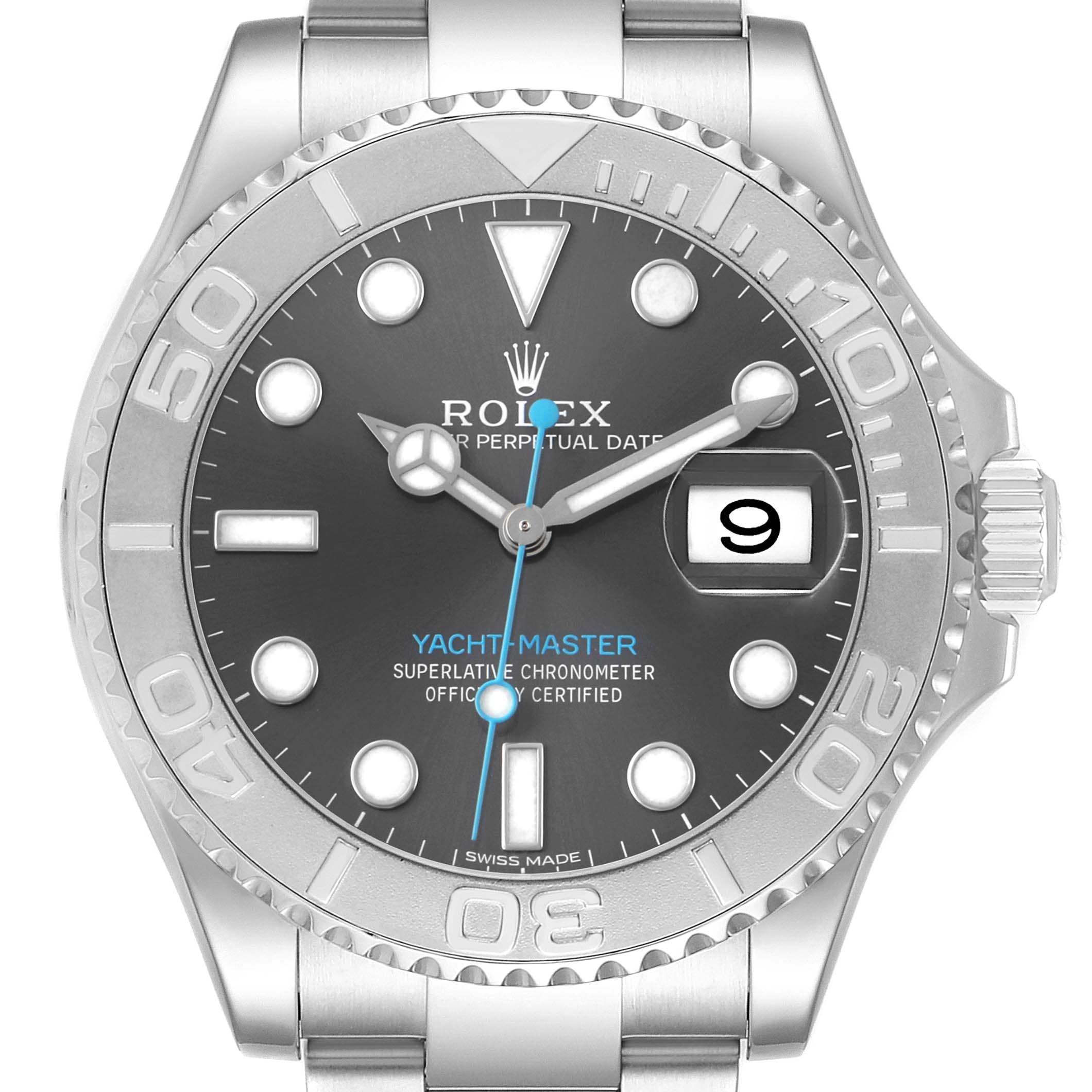 The image shows a Rolex Yacht-Master 116622 Men's Stainless Steel Grey Dial watch's face from a top-down angle, highlighting the bezel, hands, markers, and date window.