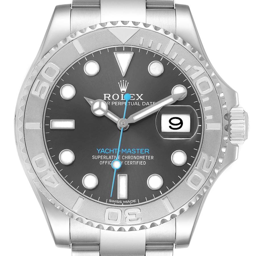 The image shows a Rolex Yacht-Master 116622 Men's Stainless Steel Grey Dial watch's face from a top-down angle, highlighting the bezel, hands, markers, and date window.