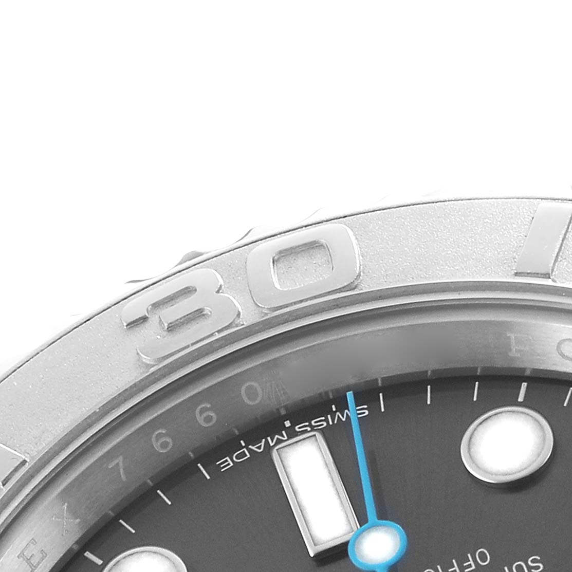 The image shows a close-up of the bezel and dial of a Rolex Yacht-Master 116622 Men's Stainless Steel Grey Dial, highlighting the "30" on the bezel.