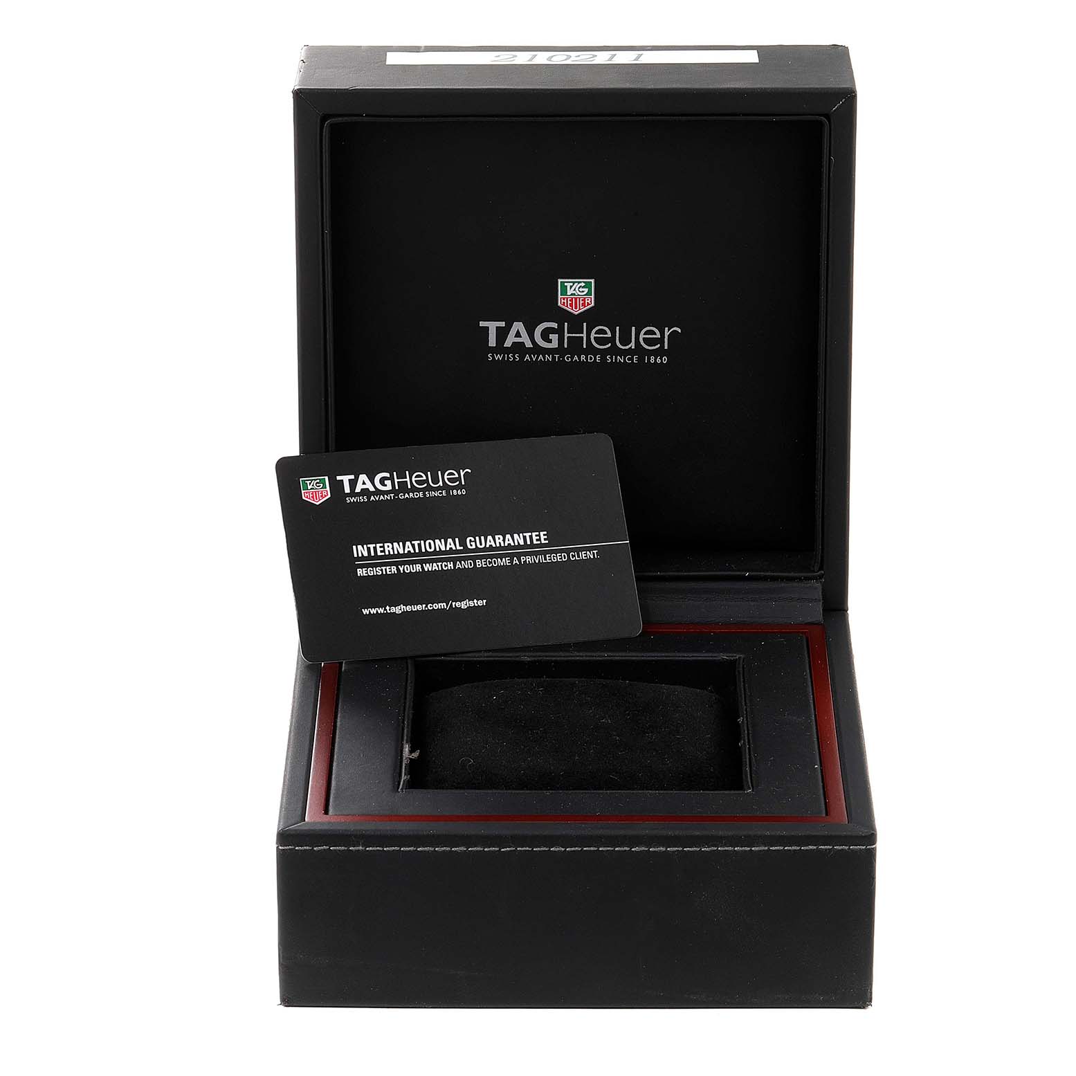 The image shows the open display box and international guarantee card for a Tag Heuer Carrera CAS2111.BA0730 Men's Stainless Steel Silver Dial CAS2111.BA0730 Men's Stainless Steel Silver Dial watch.
