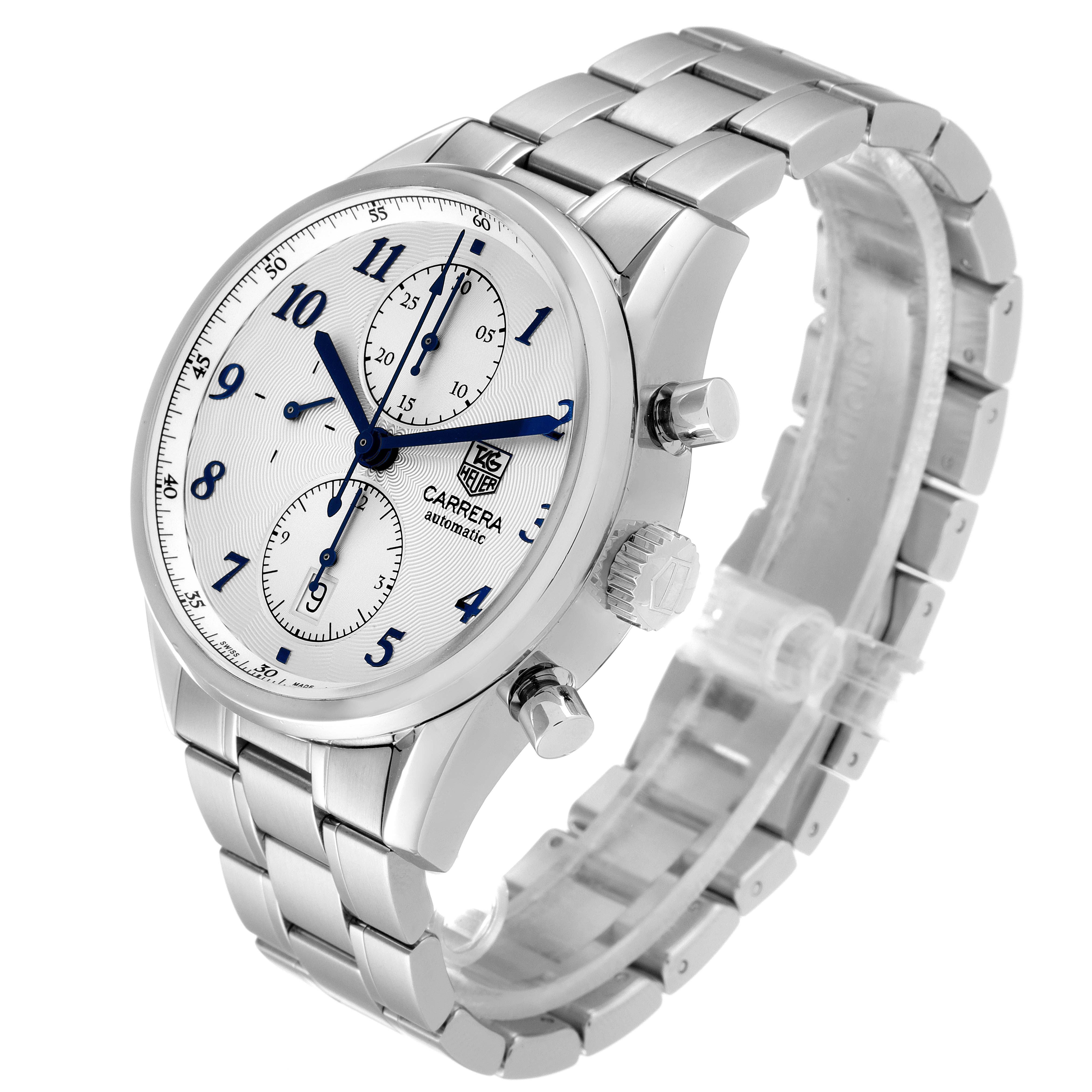 The image shows a Tag Heuer Carrera CAS2111.BA0730 Men's Stainless Steel Silver Dial CAS2111.BA0730 Men's Stainless Steel Silver Dial watch at an angle highlighting its face, bezel, crown, pushers, and bracelet.