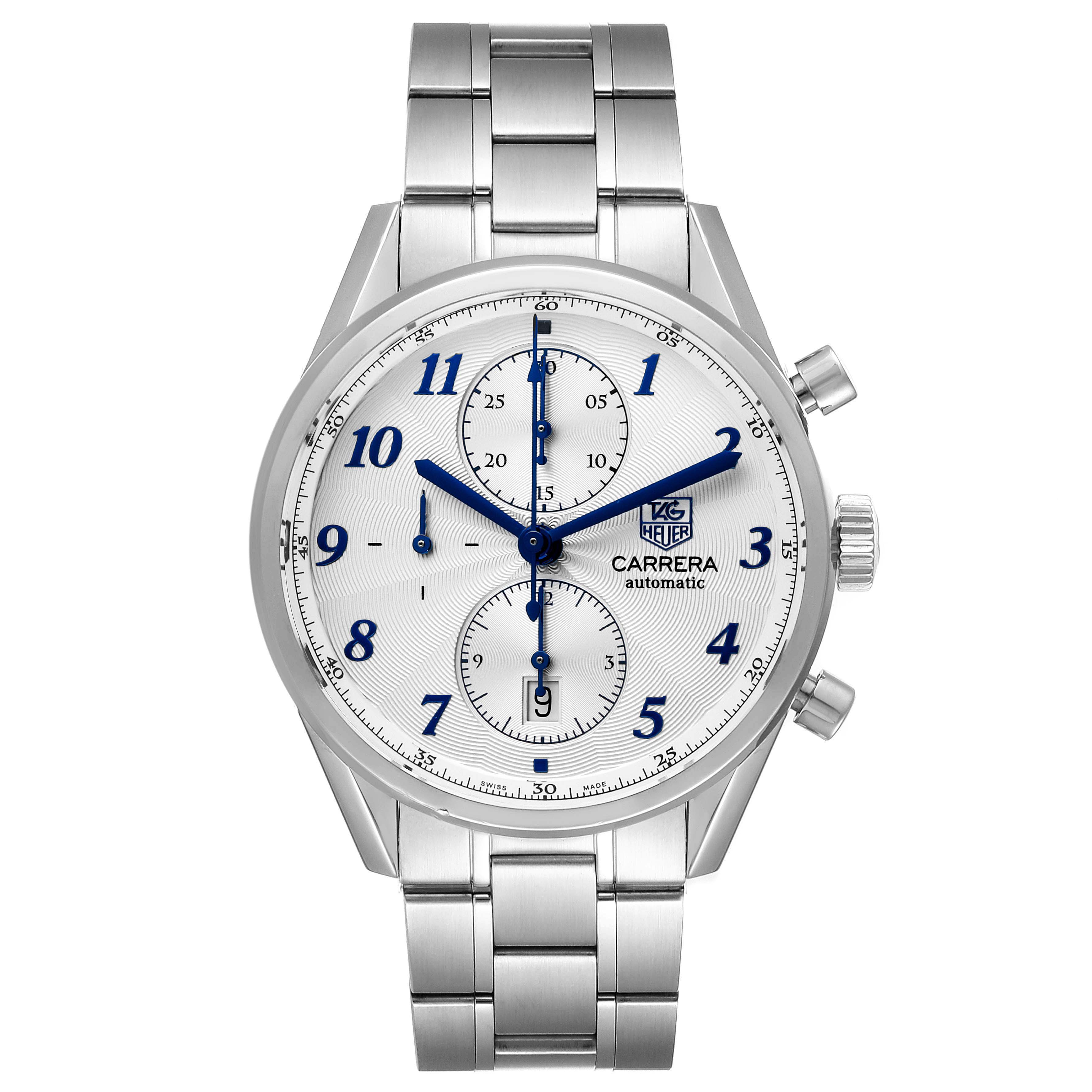 The image shows a frontal view of a Tag Heuer Carrera CAS2111.BA0730 Men's Stainless Steel Silver Dial CAS2111.BA0730 Men's Stainless Steel Silver Dial watch, displaying the dial, hands, subdials, band, and pushers.