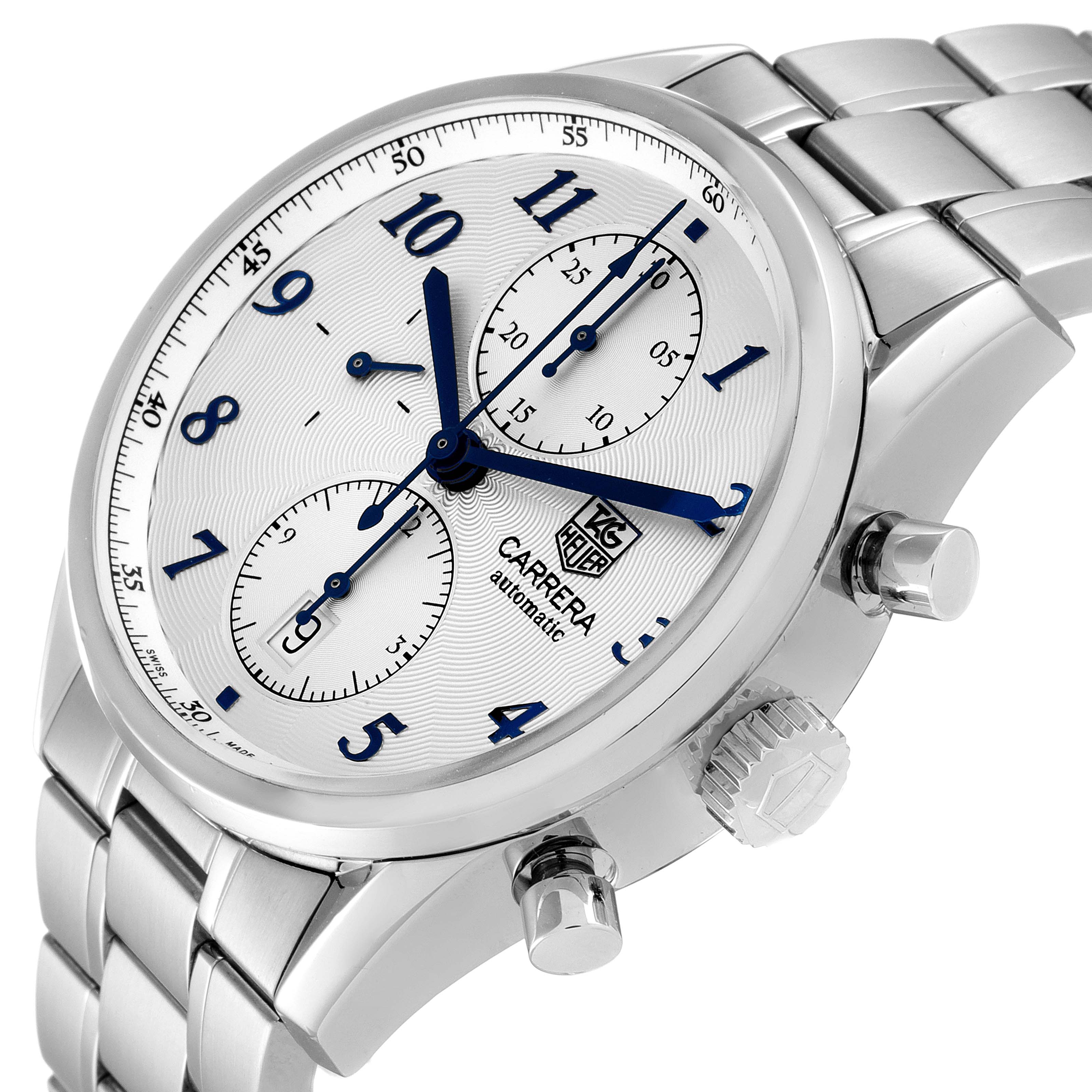 The image shows a close-up of the face, crown, and buttons of a Tag Heuer Carrera CAS2111.BA0730 Men's Stainless Steel Silver Dial CAS2111.BA0730 Men's Stainless Steel Silver Dial watch at a slight angle.