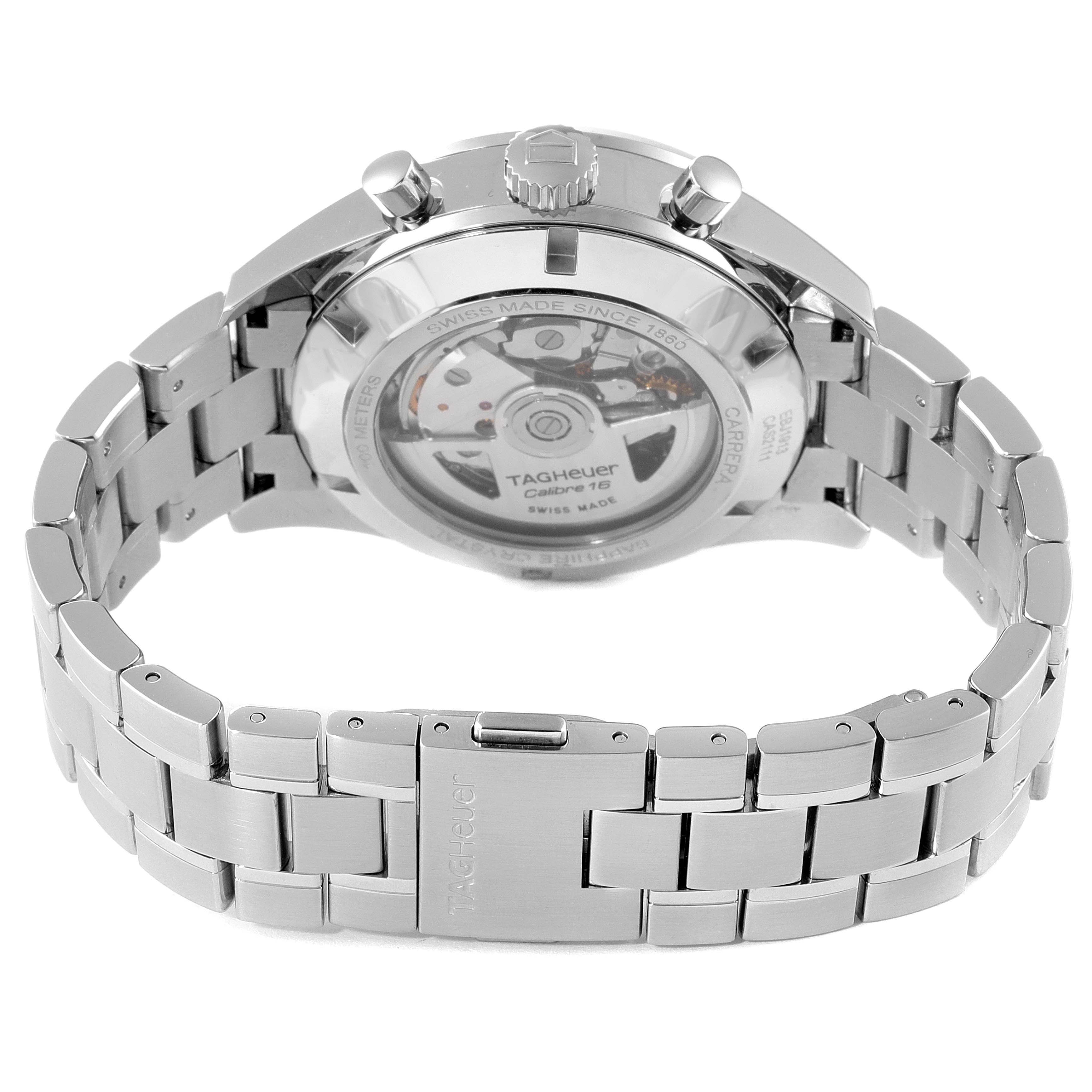 The image shows the back view of a Tag Heuer Carrera CAS2111.BA0730 Men's Stainless Steel Silver Dial CAS2111.BA0730 Men's Stainless Steel Silver Dial watch, highlighting the clasp, case back, and bracelet.