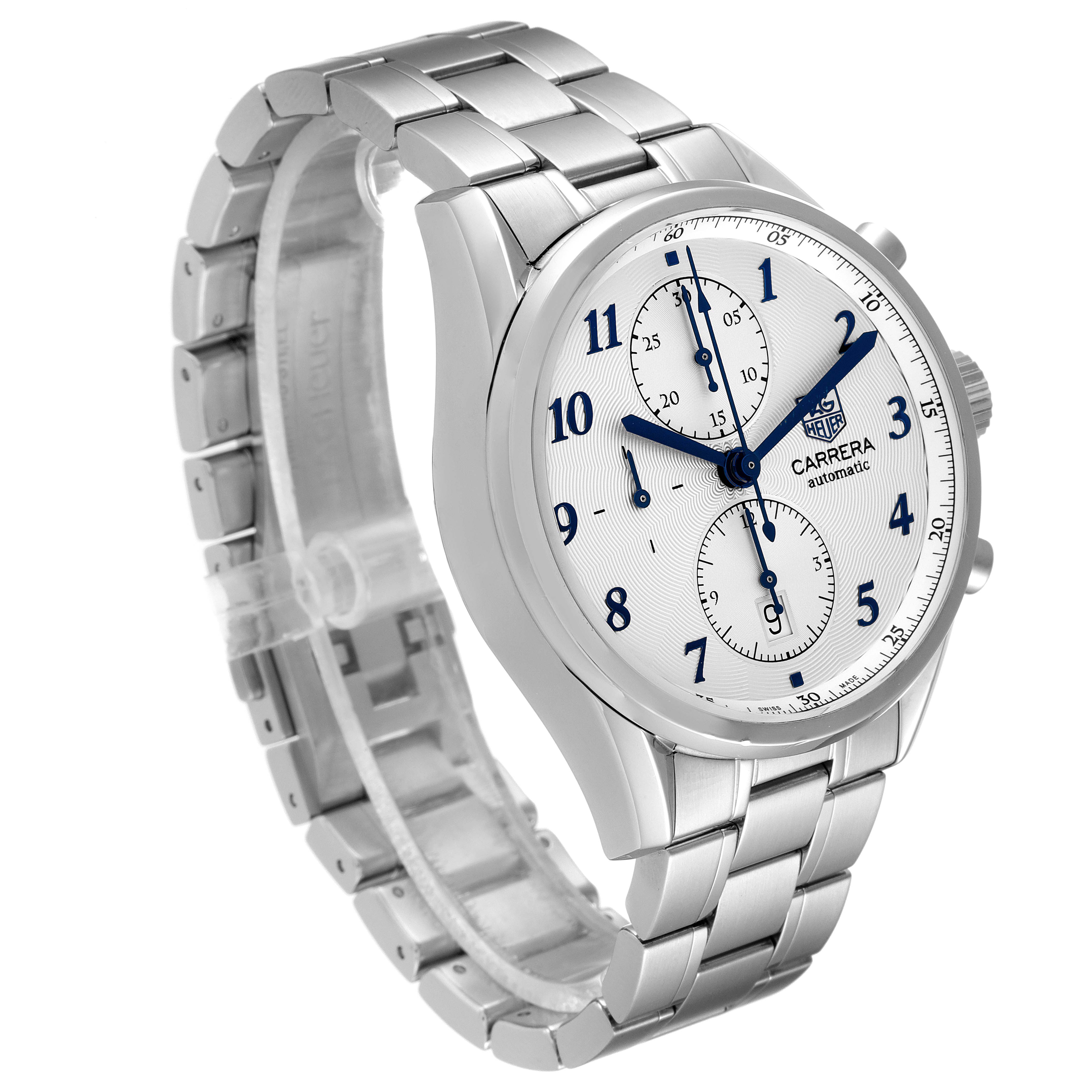 The image shows a three-quarter side view of a Tag Heuer Carrera CAS2111.BA0730 Men's Stainless Steel Silver Dial CAS2111.BA0730 Men's Stainless Steel Silver Dial watch, highlighting its stainless steel bracelet and white dial.