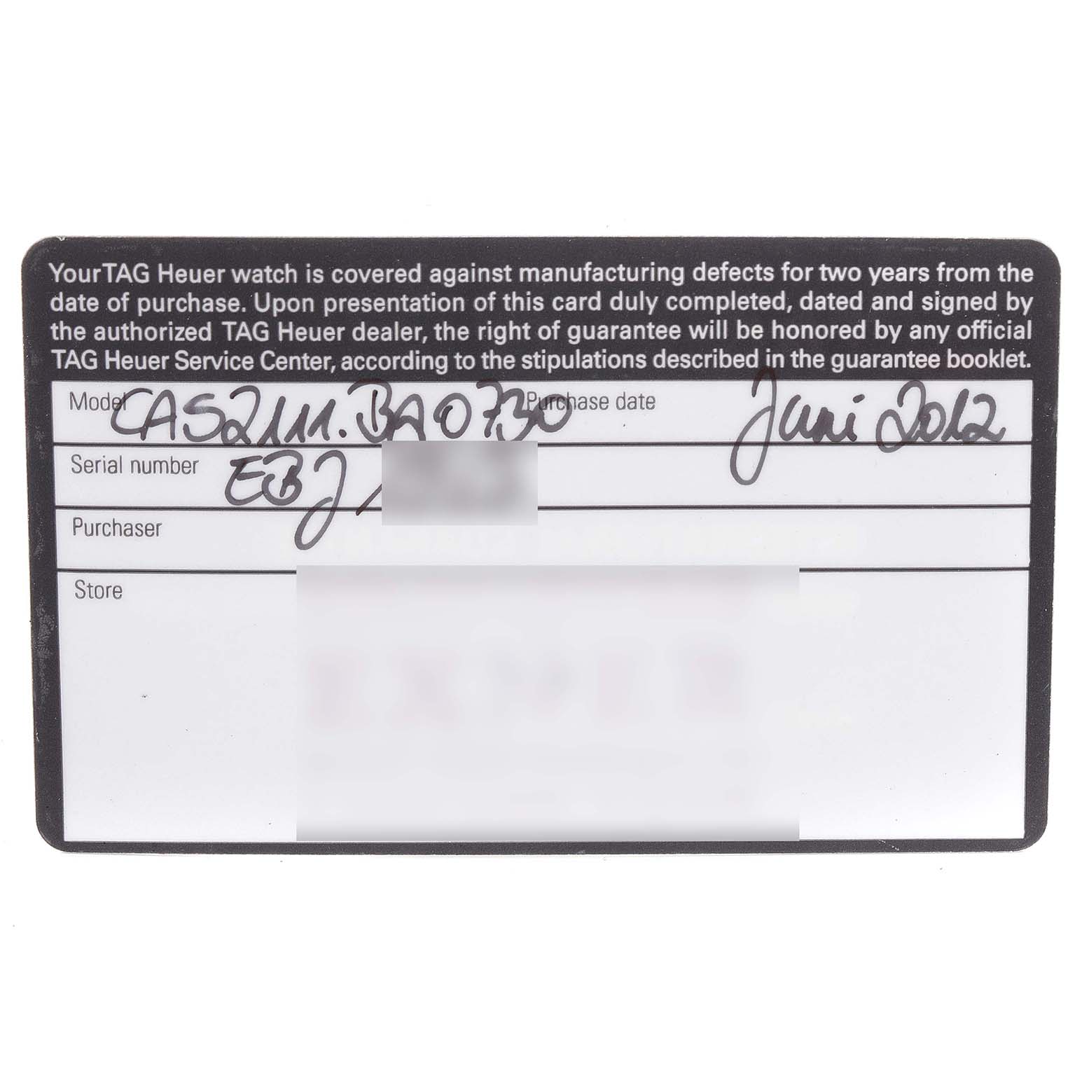 The image shows a warranty card for the Tag Heuer Carrera CAS2111.BA0730 Men's Stainless Steel Silver Dial CAS2111.BA0730 Men's Stainless Steel Silver Dial model watch.