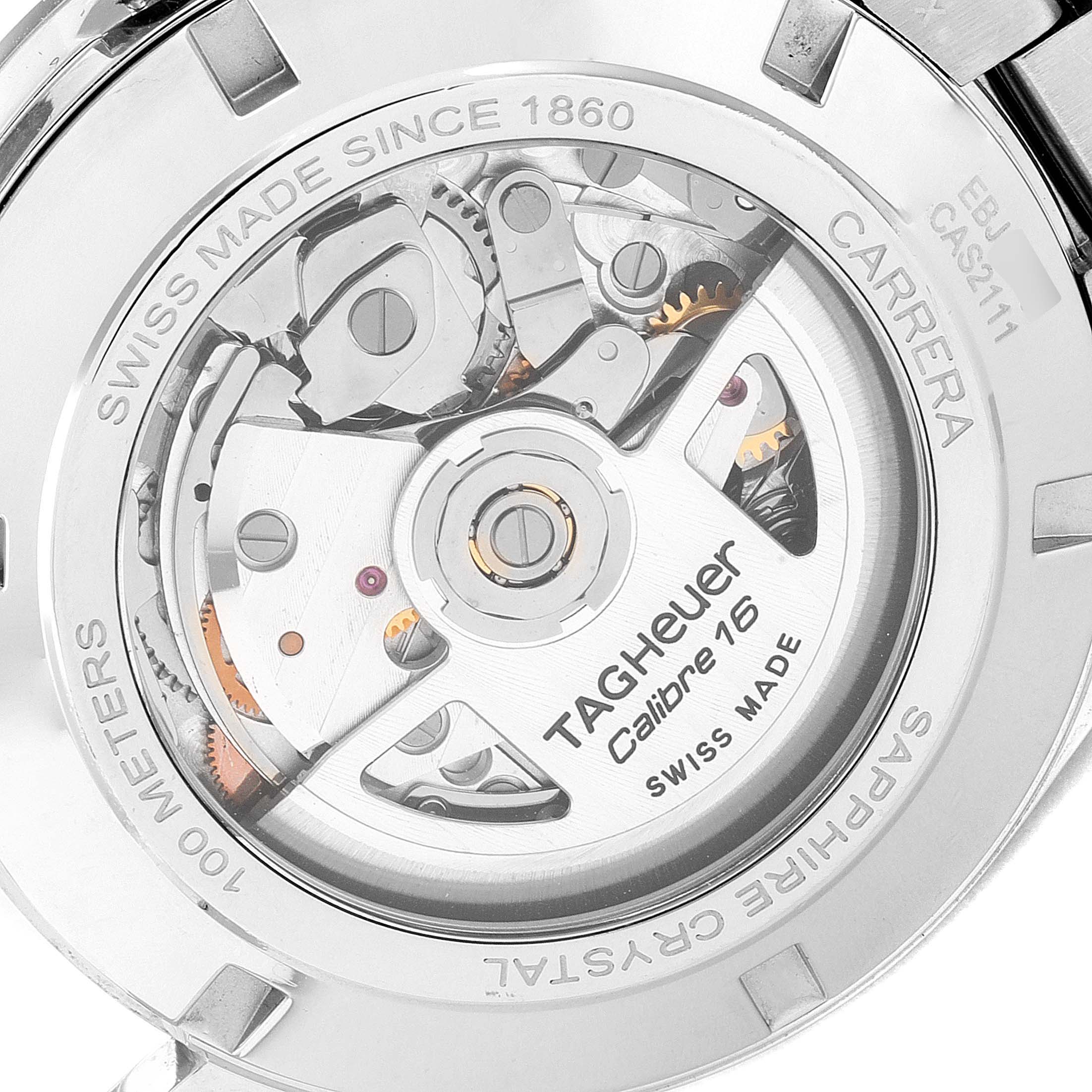 The image shows the back view of a Tag Heuer Carrera CAS2111.BA0730 Men's Stainless Steel Silver Dial CAS2111.BA0730 Men's Stainless Steel Silver Dial watch, revealing its Caliber 16 movement and sapphire crystal.
