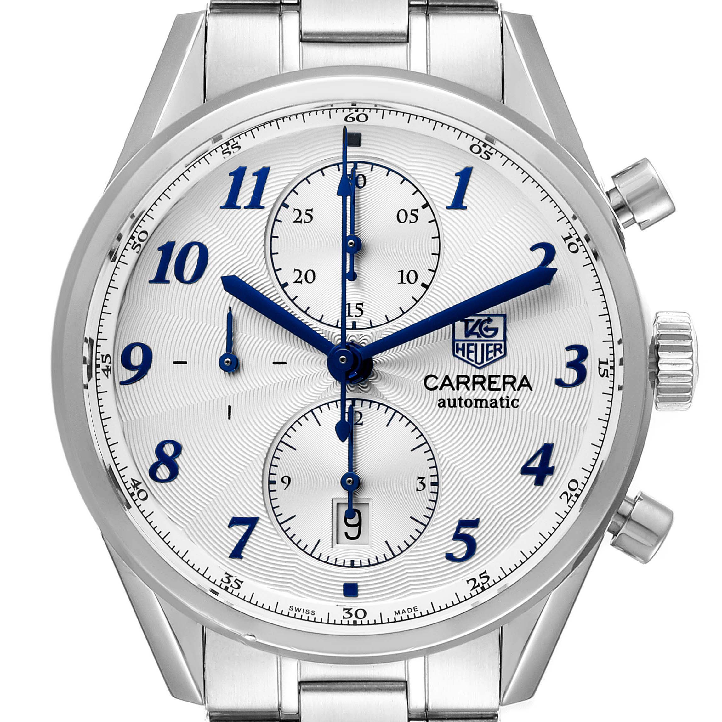The image shows a frontal view of the Tag Heuer Carrera CAS2111.BA0730 Men's Stainless Steel Silver Dial CAS2111.BA0730 Men's Stainless Steel Silver Dial watch displaying its face, hands, and two sub-dials.