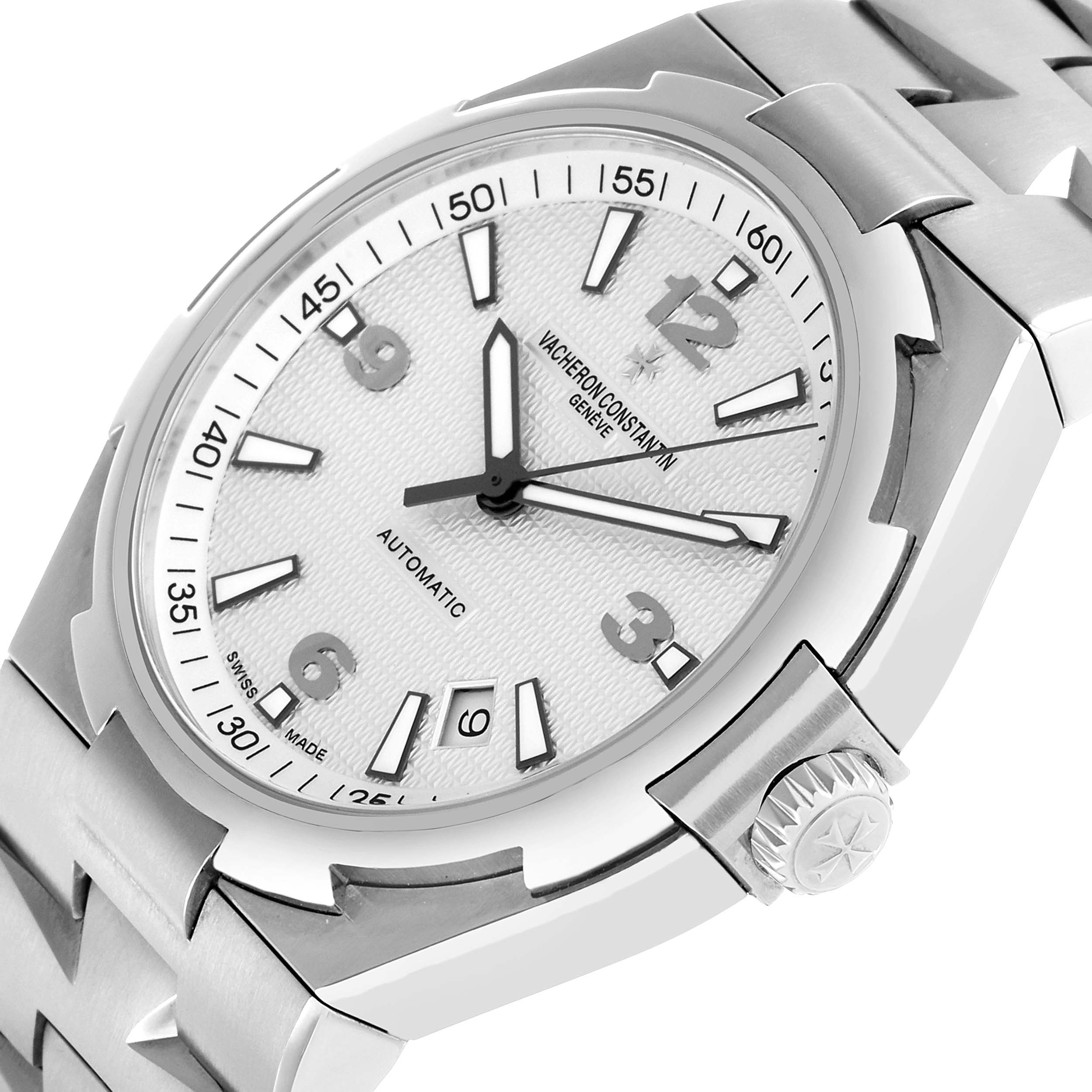 The Vacheron Constantin Overseas 47040 Men's Stainless Steel Silver Dial model is shown at an angled view, highlighting the watch face, hands, and crown.