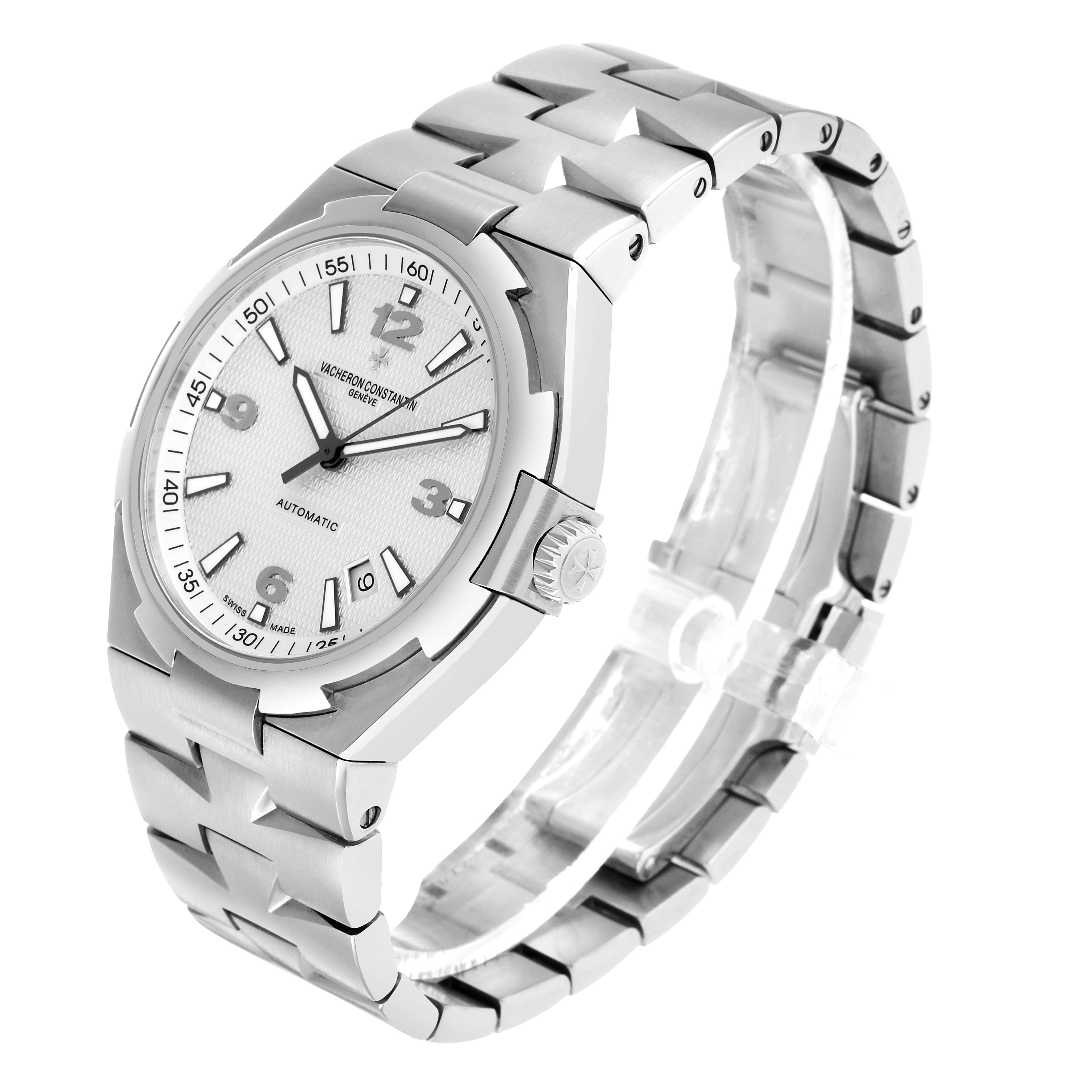 The Vacheron Constantin Overseas 47040 Men's Stainless Steel Silver Dial watch is shown at a three-quarter angle, displaying the face, bracelet, and crown.