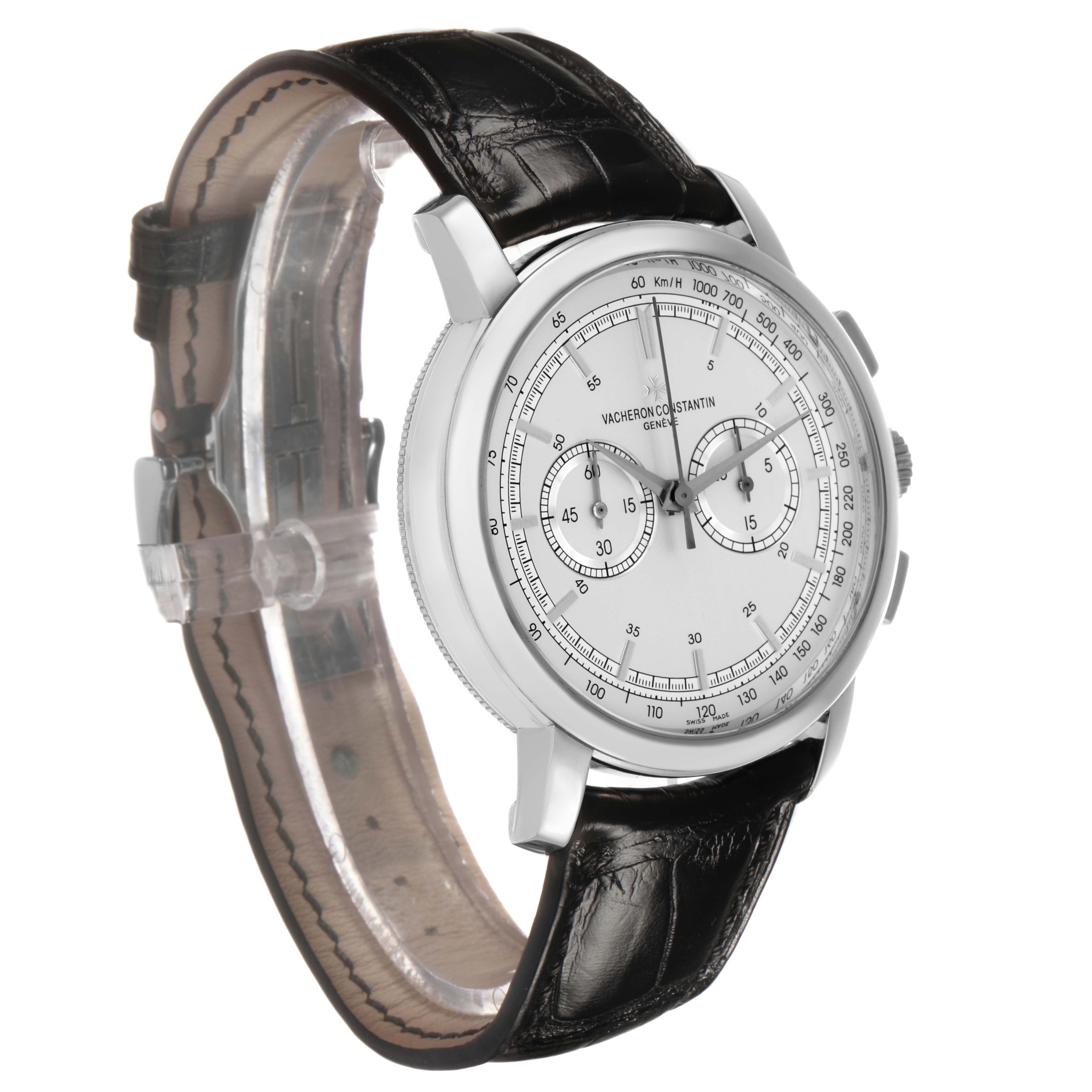 The Vacheron Constantin Traditionnelle 47192 Men's White Gold Silver Dial watch is shown at a three-quarter angle, highlighting the dial, case, and black leather strap.