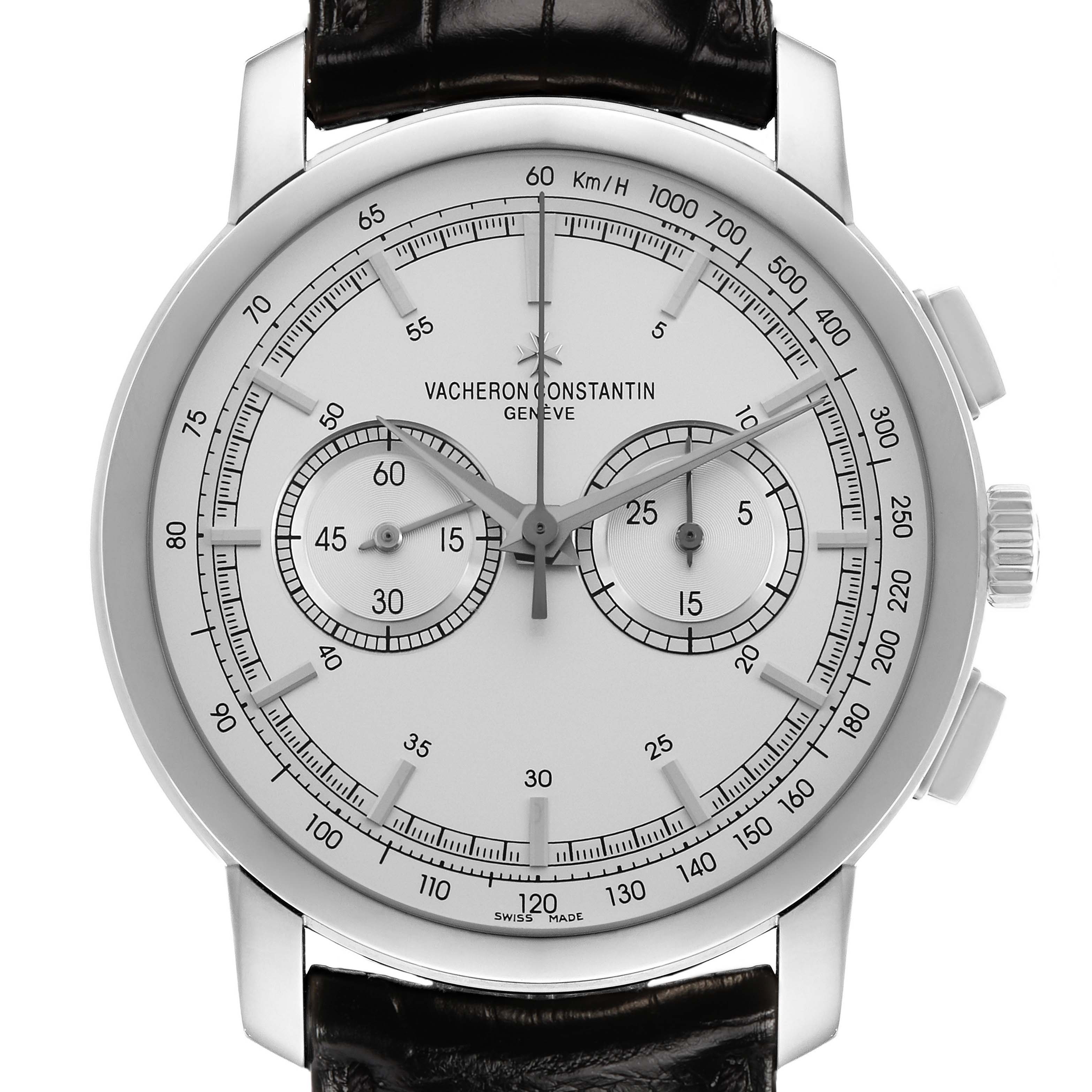 The Vacheron Constantin Traditionnelle 47192 Men's White Gold Silver Dial watch is shown from a frontal angle, displaying the dial, subdials, and crown.