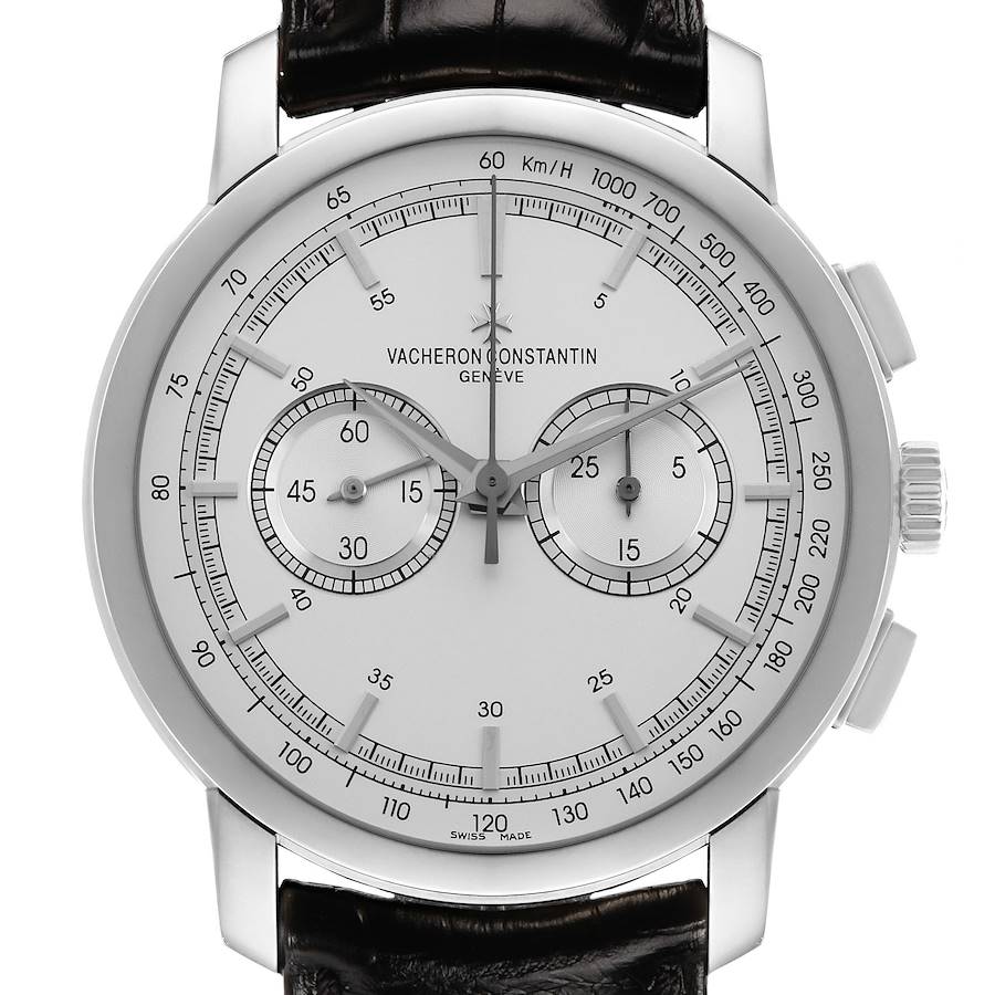 The Vacheron Constantin Traditionnelle 47192 Men's White Gold Silver Dial watch is shown from a frontal angle, displaying the dial, subdials, and crown.