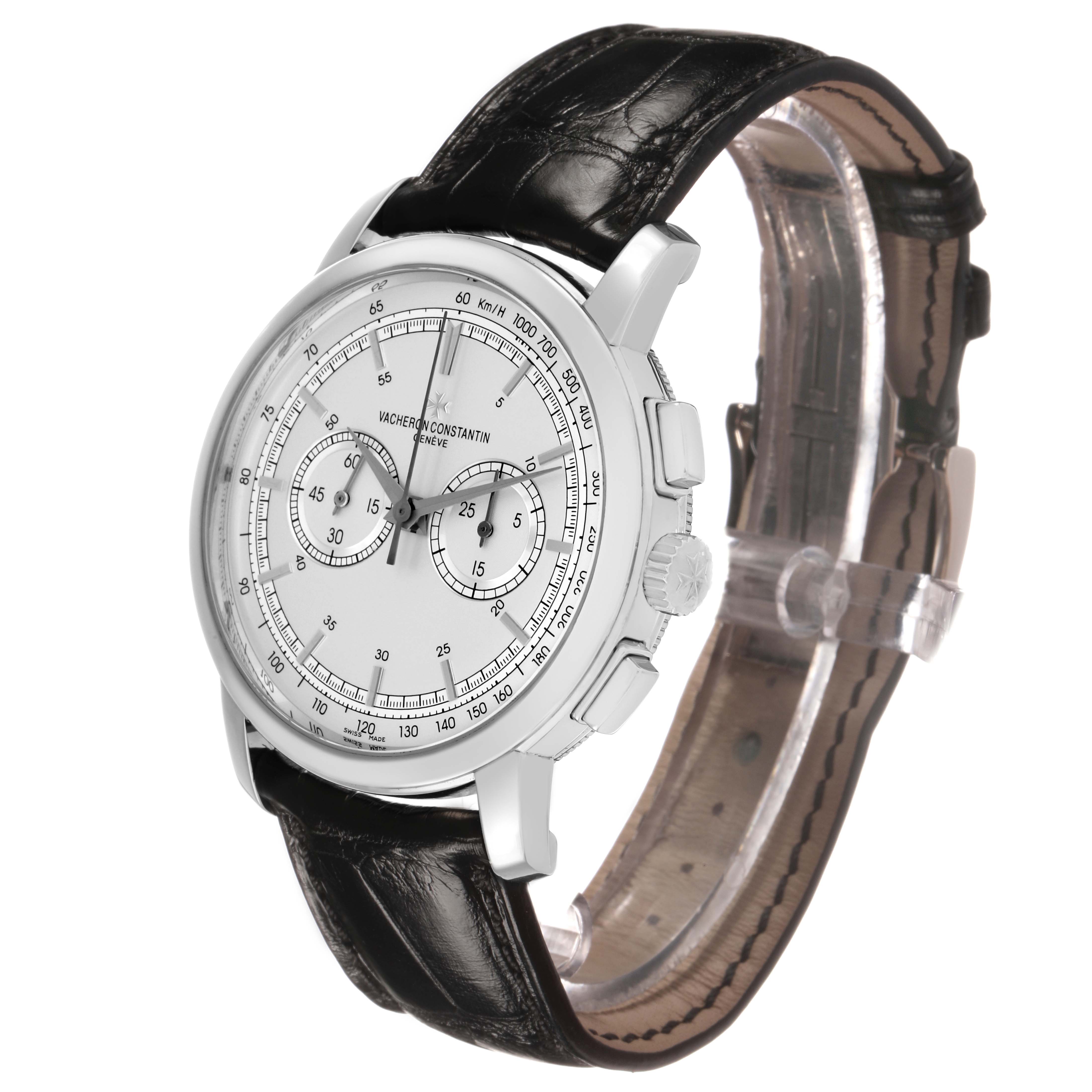 The Vacheron Constantin Traditionnelle 47192 Men's White Gold Silver Dial watch is angled to display the dial, crown, chronograph pushers, and leather strap.