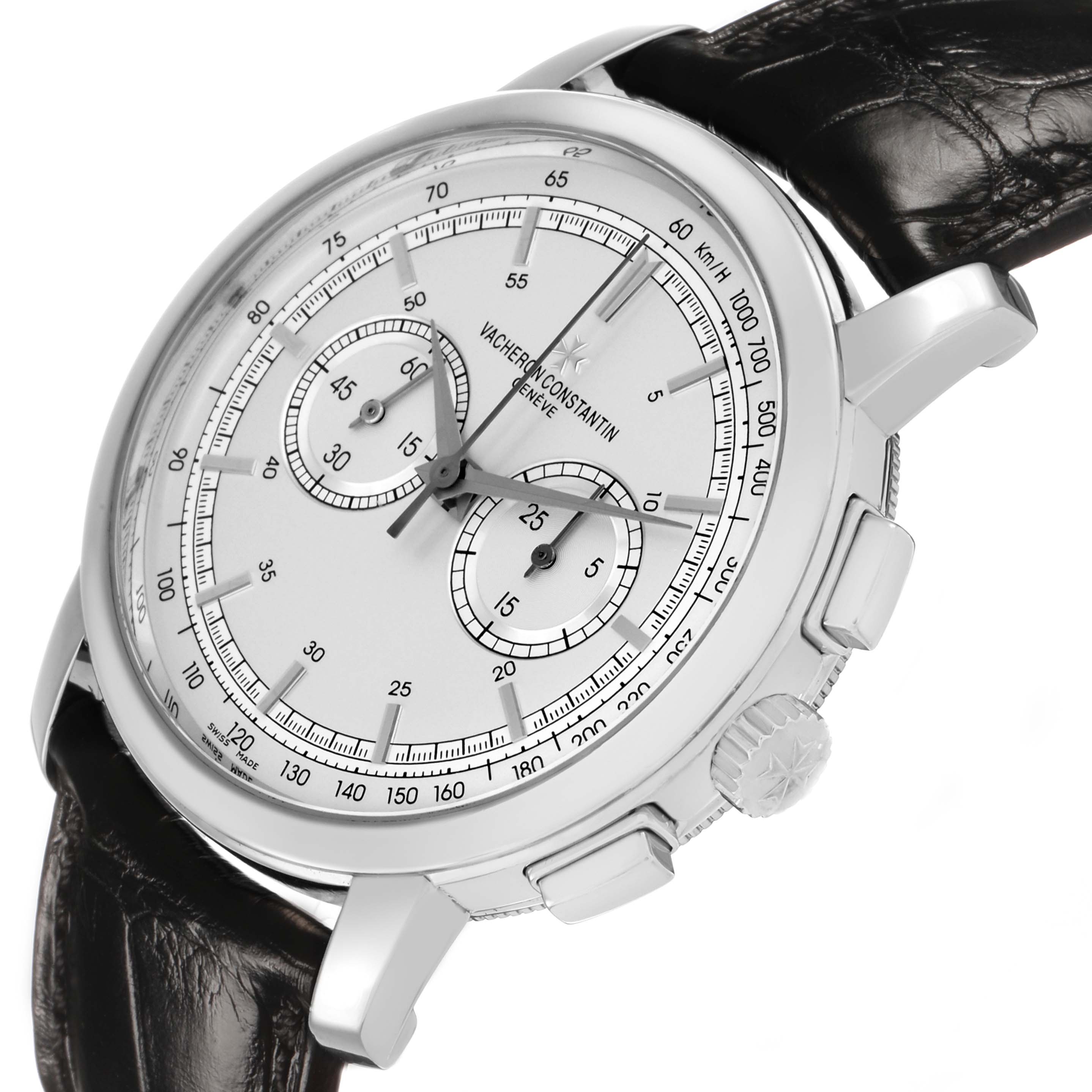 The Vacheron Constantin Traditionnelle 47192 Men's White Gold Silver Dial is shown from a tilted side angle highlighting the dial, crown, and pushers.